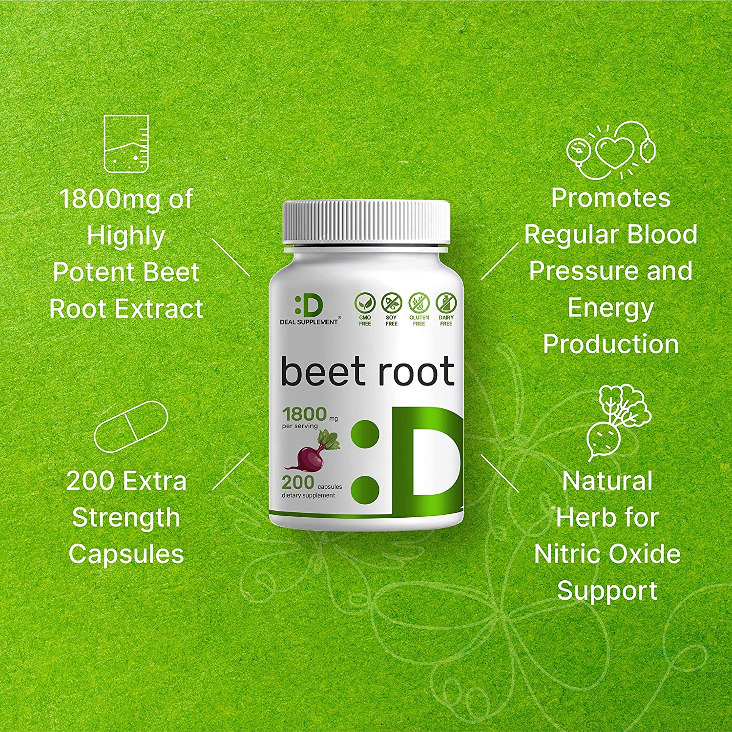 Beet Root Capsules - 1800mg Per Serving, 200 Counts, Made with Pure Beet Root Powder, Nitric Oxide B