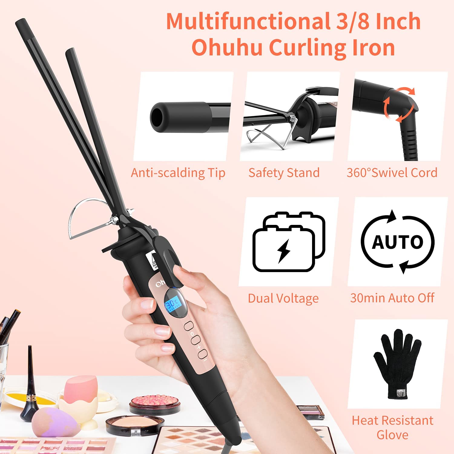 9mm Thin Curling Wand Iron, Ohuhu 3/8 Inch Small Curling Wand Ceramic Tourmaline Curl Wand Barrel wi