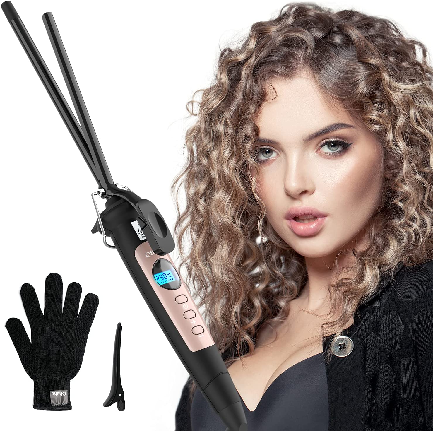 9mm Thin Curling Wand Iron, Ohuhu 3/8 Inch Small Curling Wand Ceramic Tourmaline Curl Wand Barrel wi