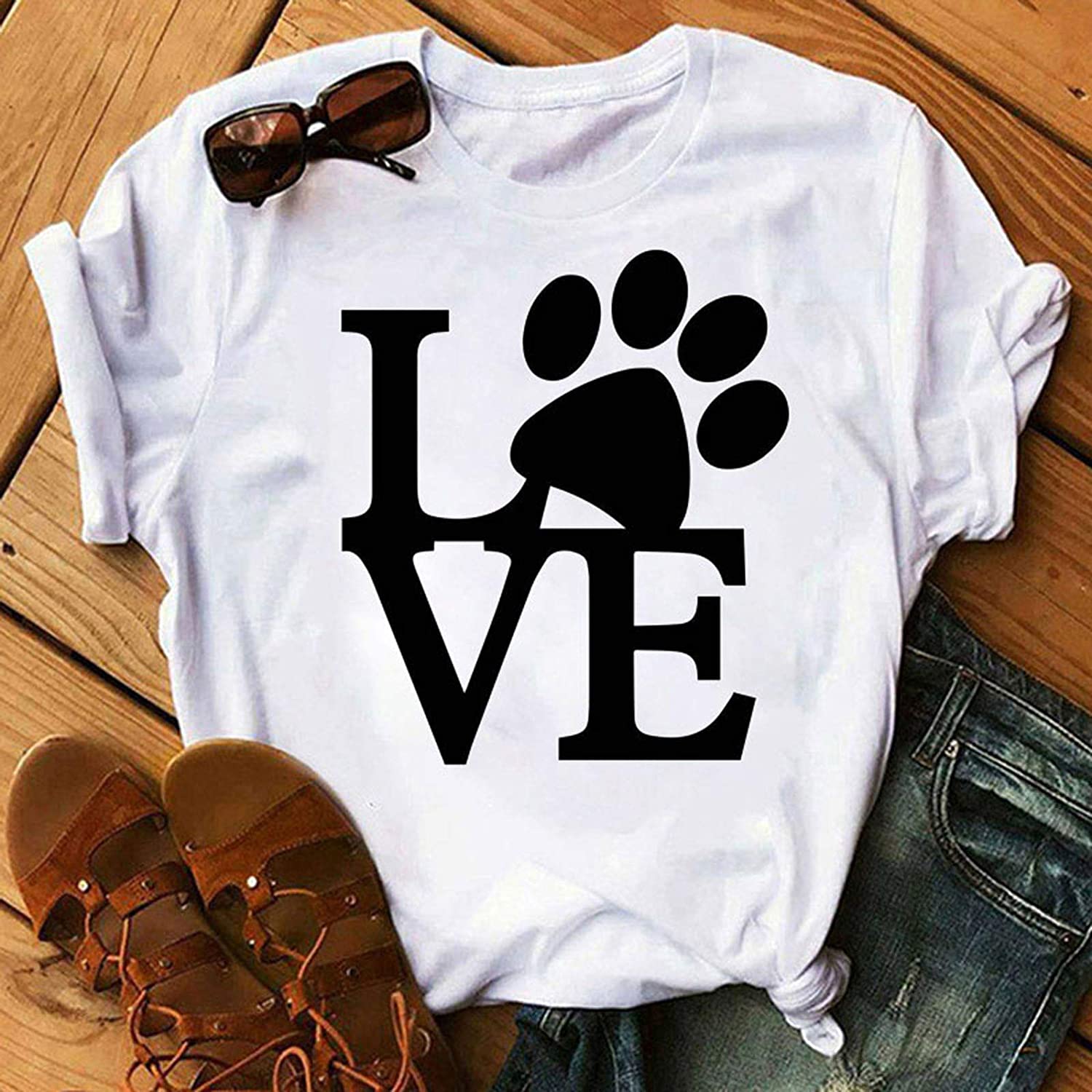 Dosoop Dog Paw Print Short Sleeve for Women Casual Crewneck T-Shirts Summer Tops Blouse Tee Plus Siz