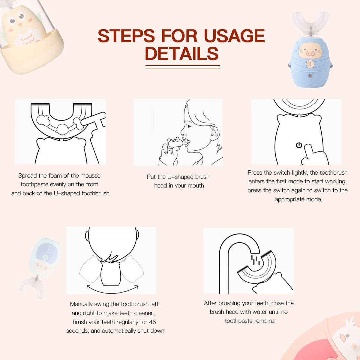 Upgraded Kids U Shaped Electric Toothbrush, 360° Automatic Whitening Rechargeable Sonic Toothbrush