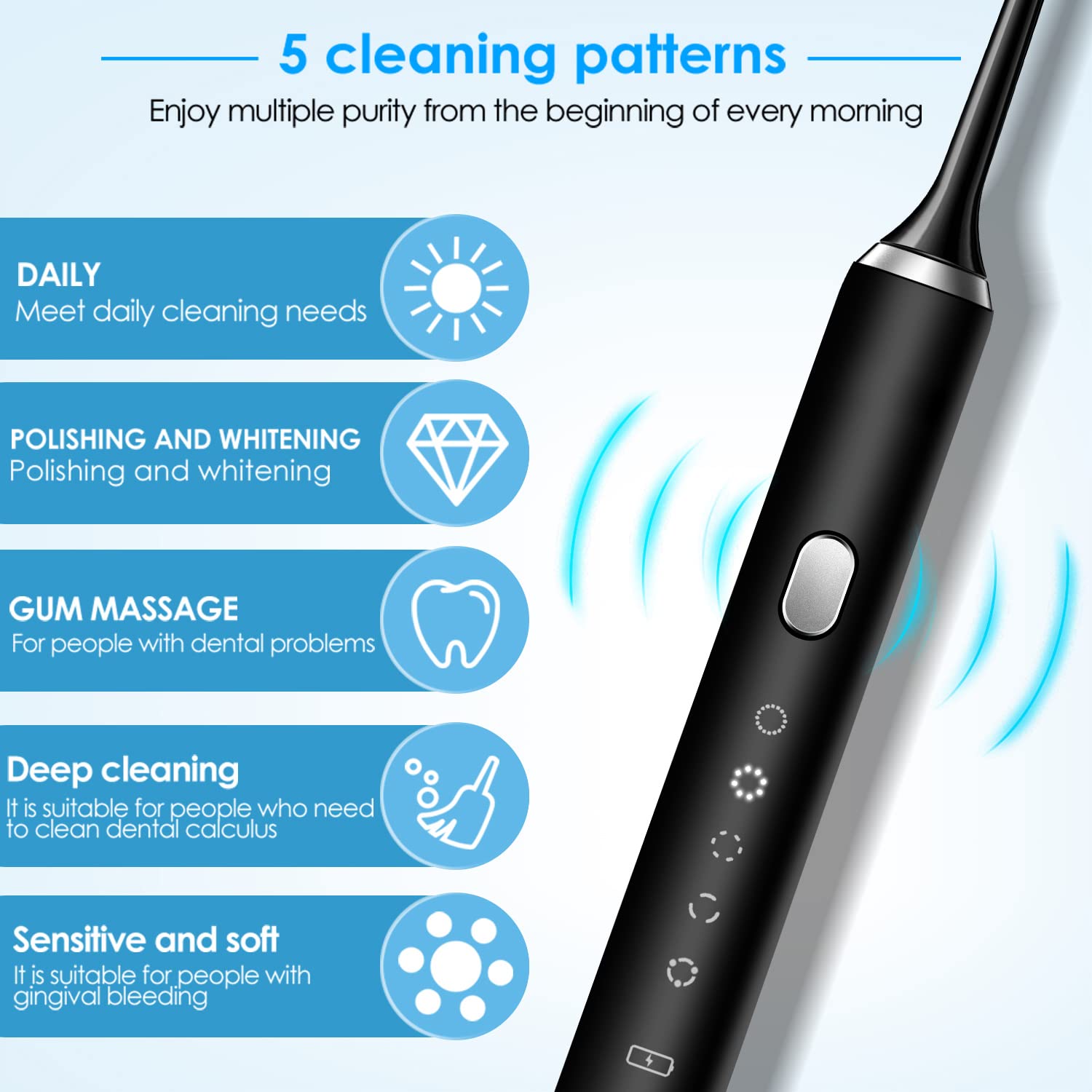 Sonic Electric Toothbrush Whitening Toothbrush Rechargeable with 4 Dupont Brush Heads, Adult Waterpr
