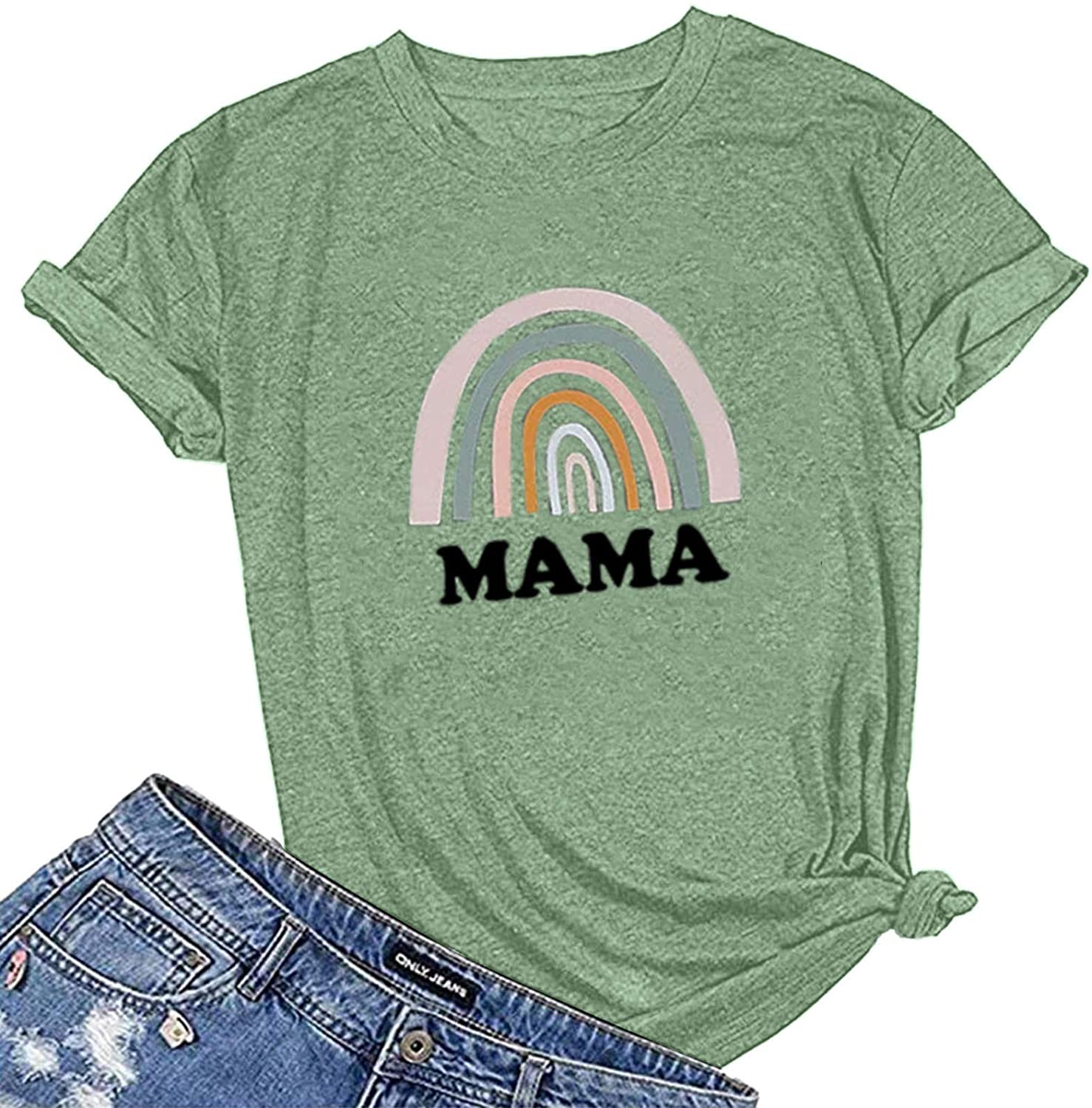 Dosoop Mama Shirt for Women Funny Graphic Tees Shirt Mothers Day Letters Print Loose Round Neck T Sh