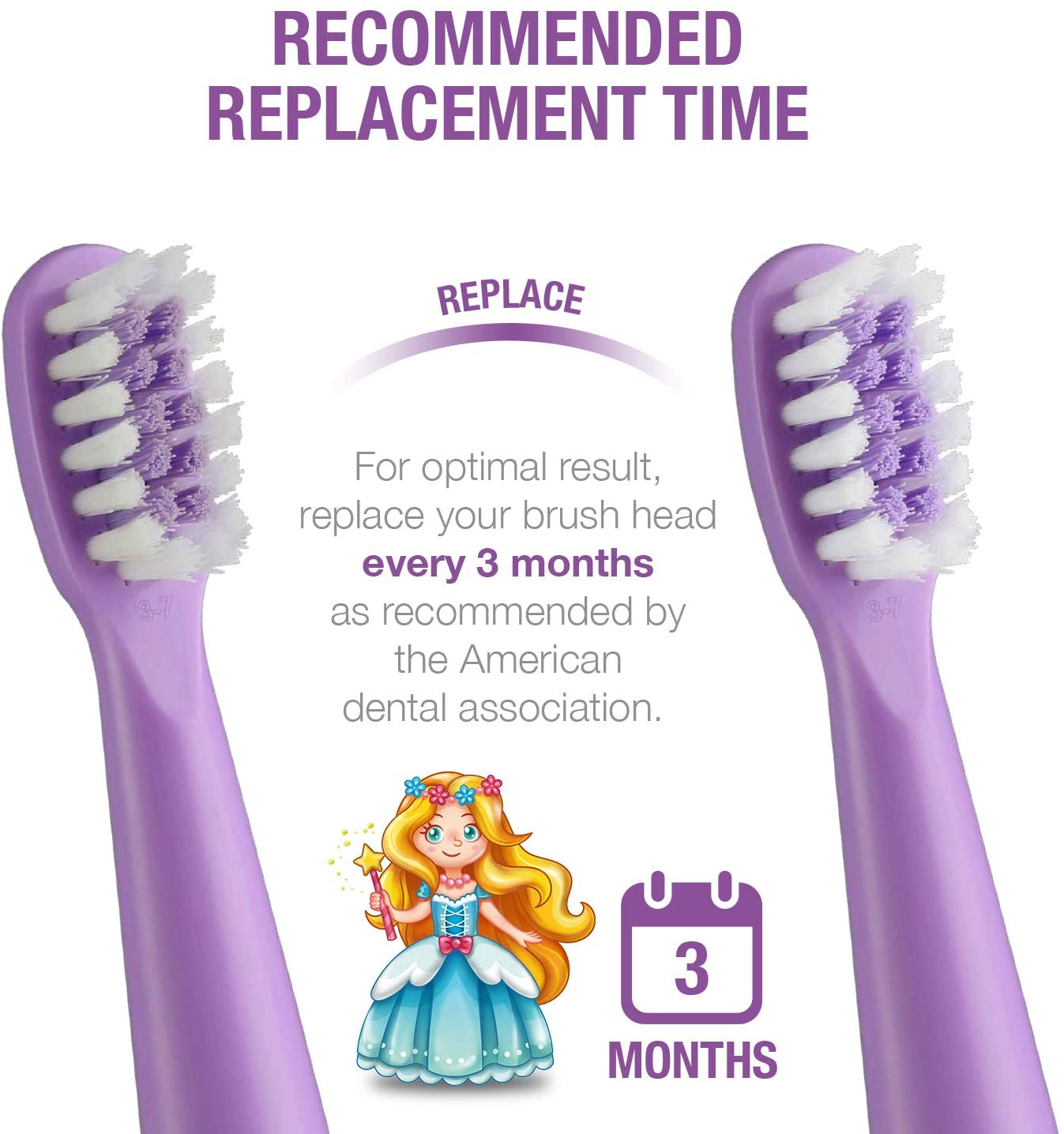 Vekkia Princess Kids Electric Toothbrush Replacement Heads - 7X More Plaque Removal, End-Rounded 3D 