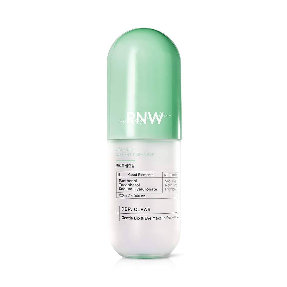 RNW DER. CLEAR Gentle Lip & Eye Makeup Remover, 120ml / 4.05 fl.oz, Vitamin Hydrating Korean Makeup