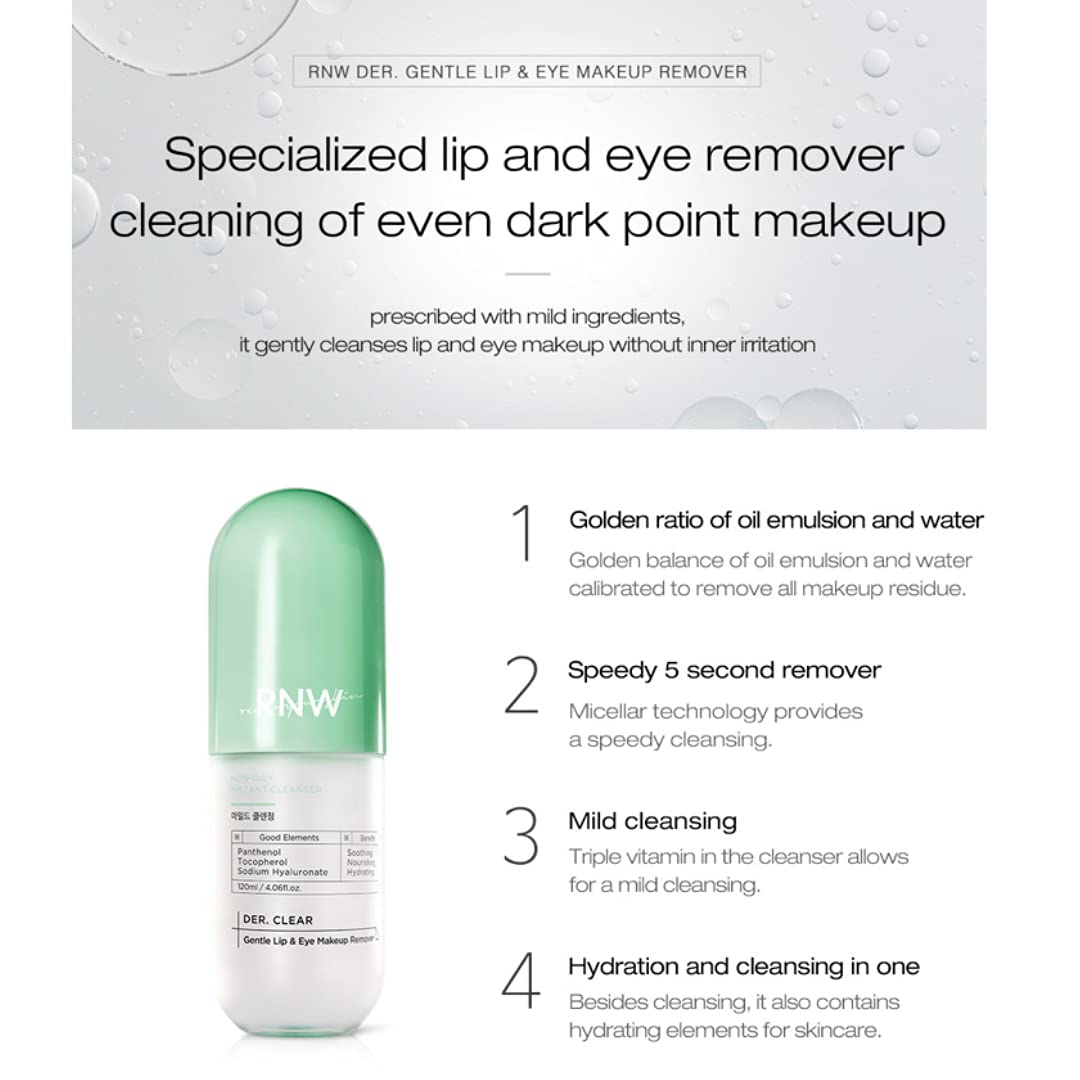 RNW DER. CLEAR Gentle Lip & Eye Makeup Remover, 120ml / 4.05 fl.oz, Vitamin Hydrating Korean Makeup