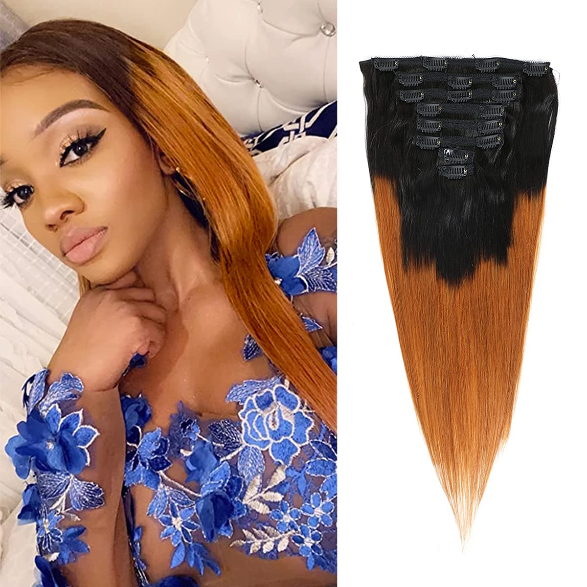 Kislemon Clip in Human Hair Extensions Ombre Straight Hair 125g 100% Human Hair 8Pcs Total of 18 Cli