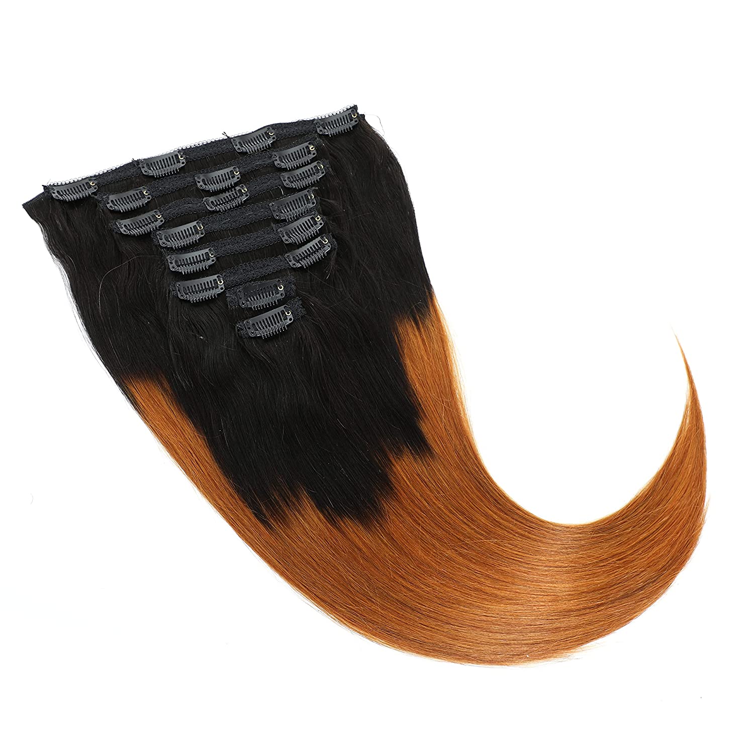Kislemon Clip in Human Hair Extensions Ombre Straight Hair 125g 100% Human Hair 8Pcs Total of 18 Cli