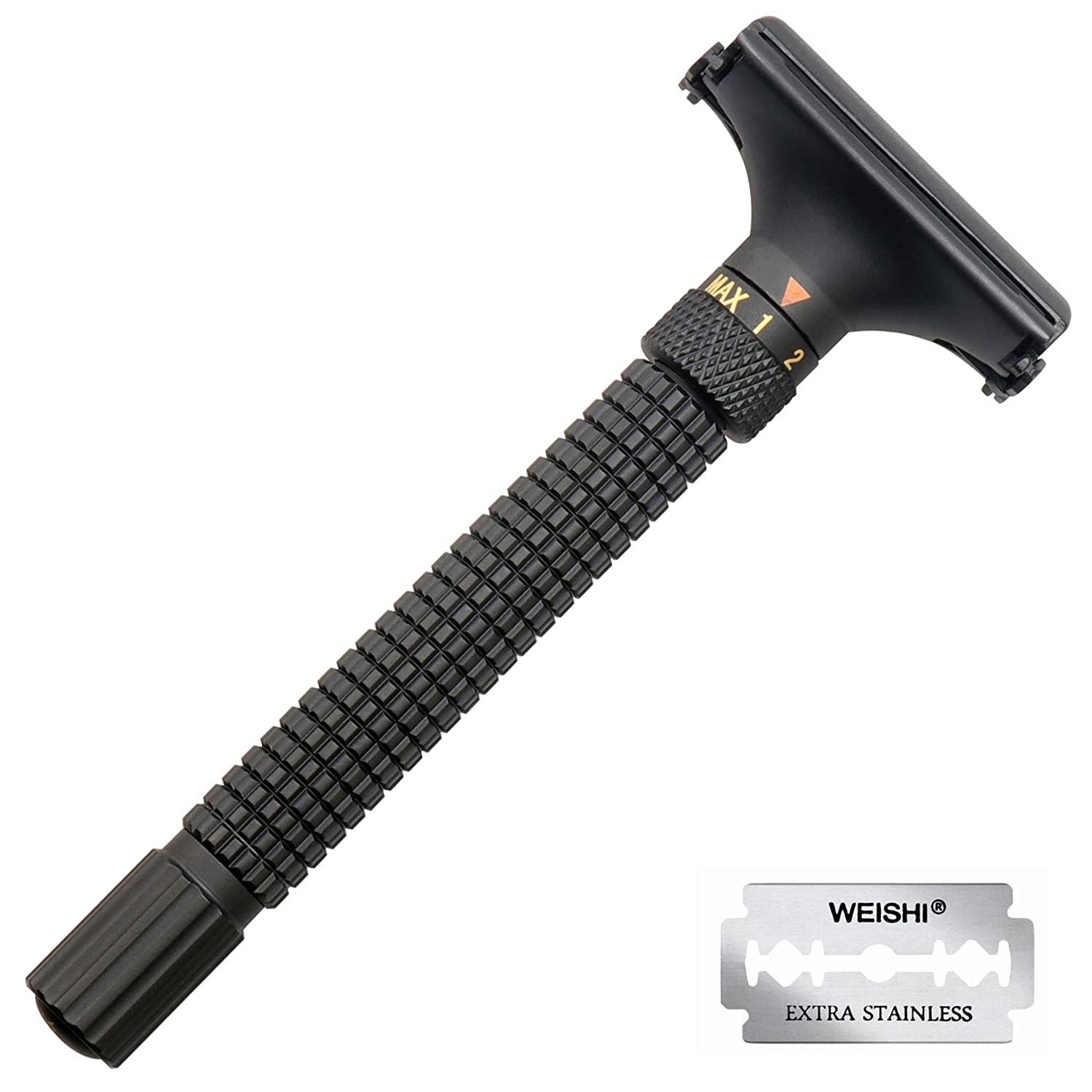 WEISHI Butterfly Open Double Edge Safety Razor Nostalgic Adjustable Matte Black with 5 Stainless Ste