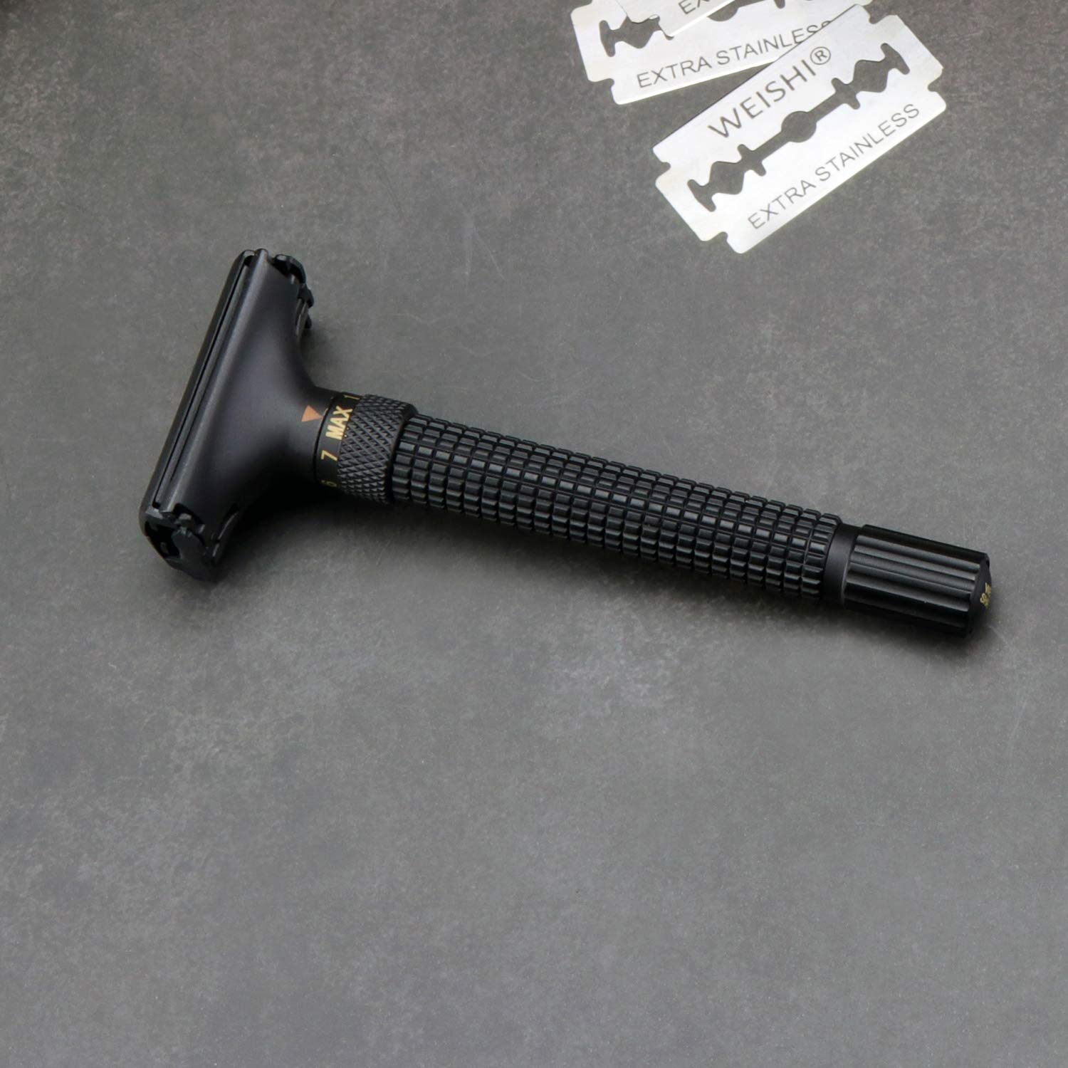 WEISHI Butterfly Open Double Edge Safety Razor Nostalgic Adjustable Matte Black with 5 Stainless Ste