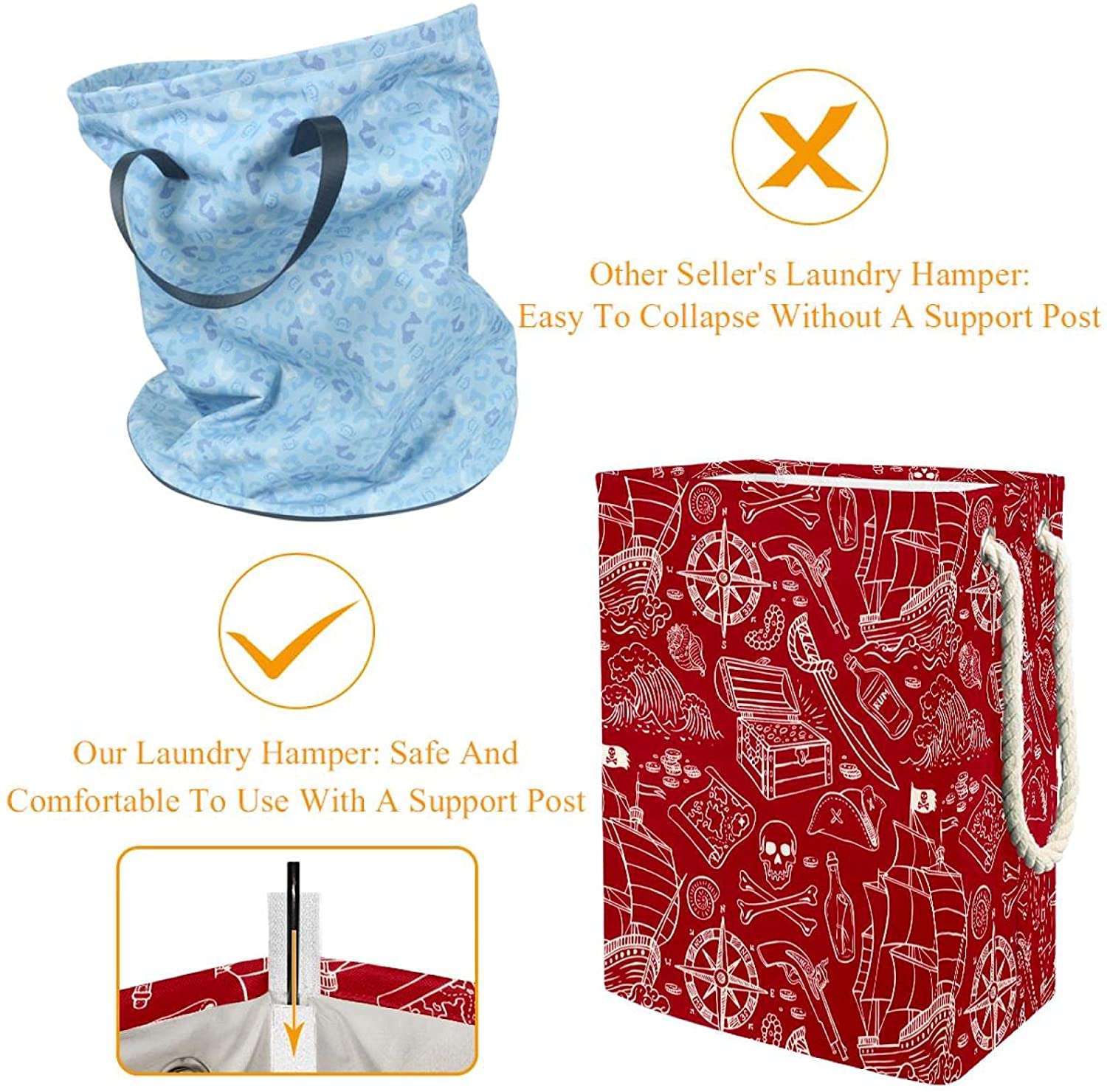 Red Ocean Nautical Pattern Laundry Hamper With Handles Large Collapsible Basket For Storage Bin, Kid