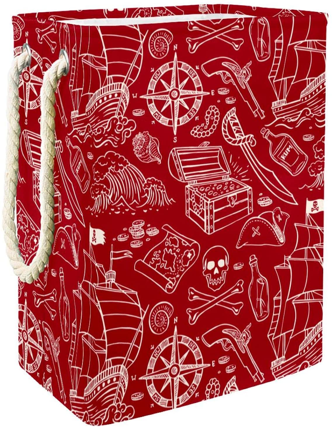 Red Ocean Nautical Pattern Laundry Hamper With Handles Large Collapsible Basket For Storage Bin, Kid