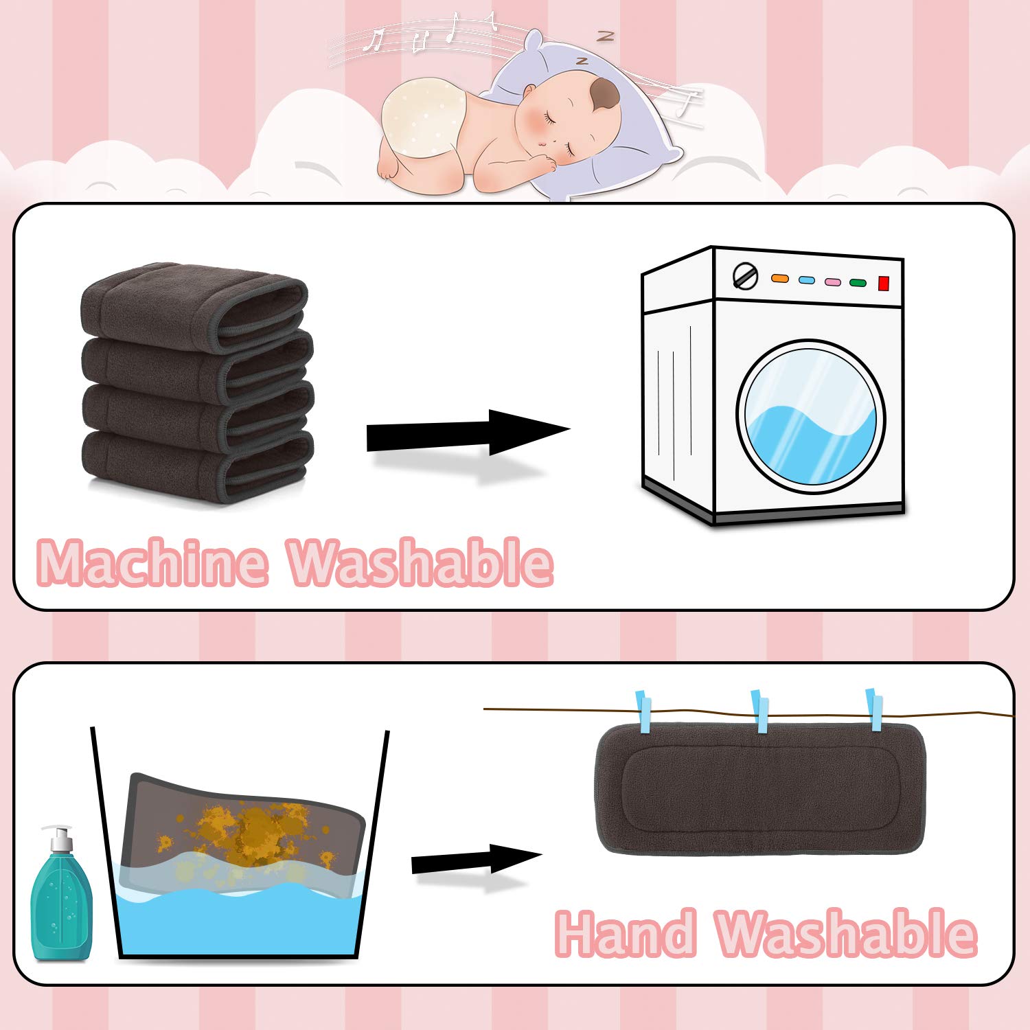 Luxja Cloth Diaper Inserts (4 Pcs Cloth Diaper Liners + 1 Storage Bag), 5 Layers of Bamboo Charcoal 