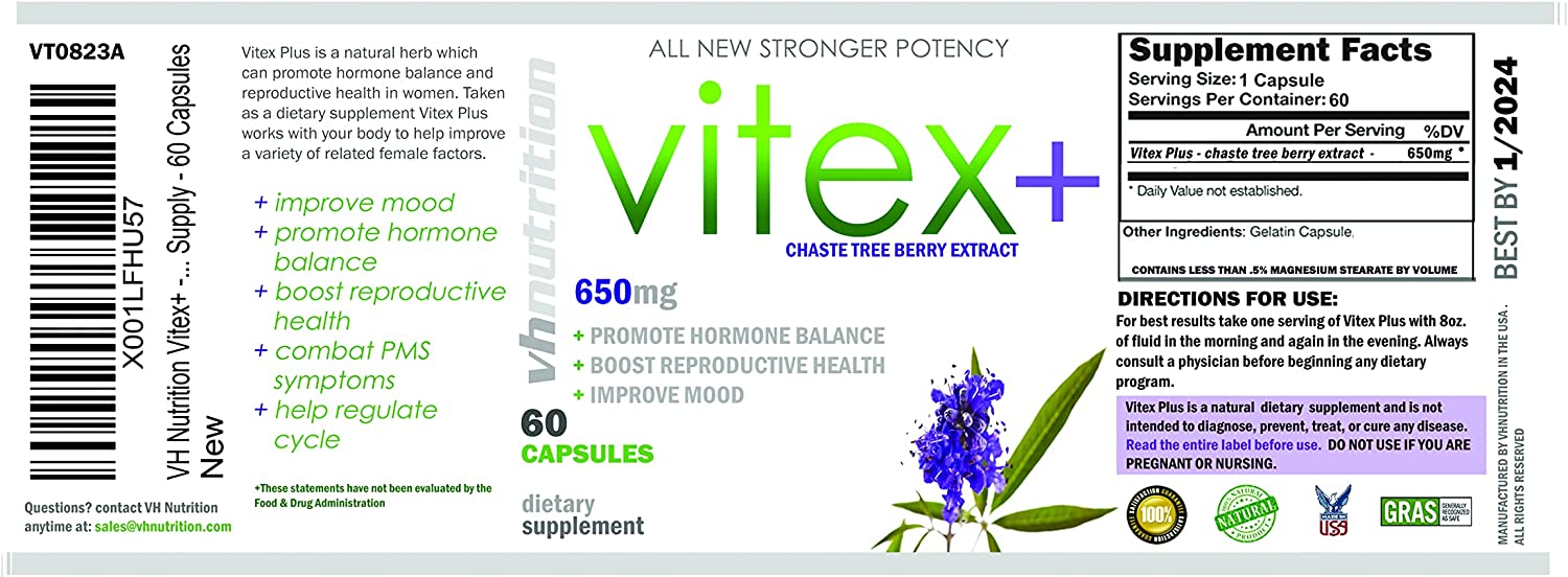 VH Nutrition Vitex+ | 650mg Vitex Chasteberry Supplement for Women - 30 Day Supply - 60 Capsules