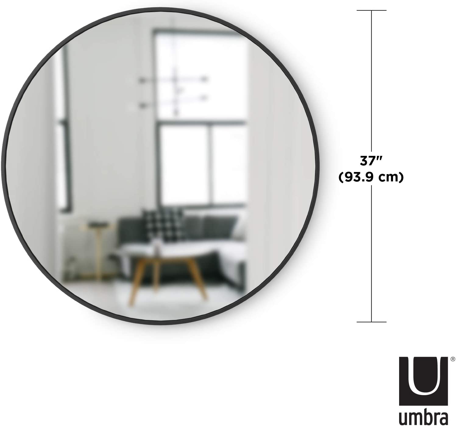 Umbra Hub 37” Round Wall Mirror with Rubber Frame, Modern Decor for Entryways, Washrooms, Living R