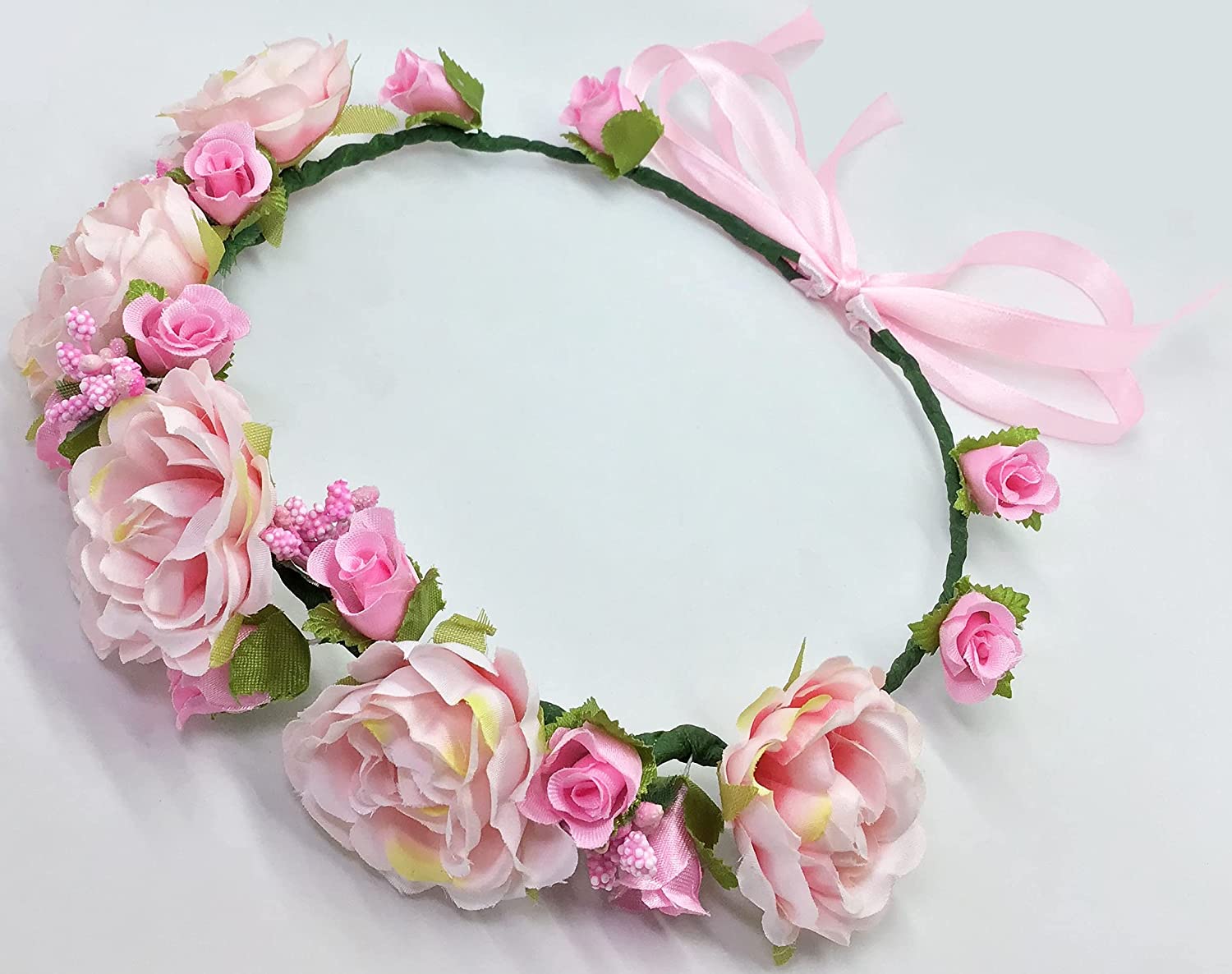 Flower Crown Girls Floral Headpiece - Artificial White Pink Roses Wedding - Bridal Boho Wreath Kids 