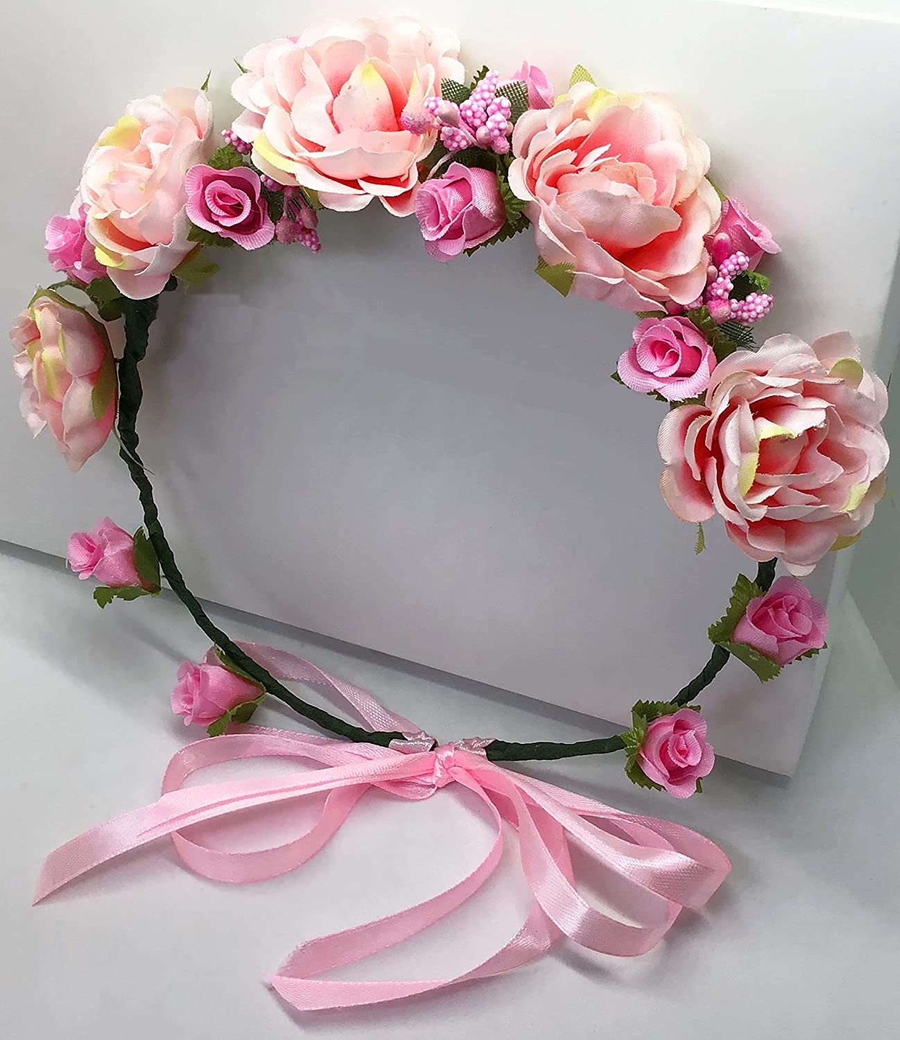 Flower Crown Girls Floral Headpiece - Artificial White Pink Roses Wedding - Bridal Boho Wreath Kids 
