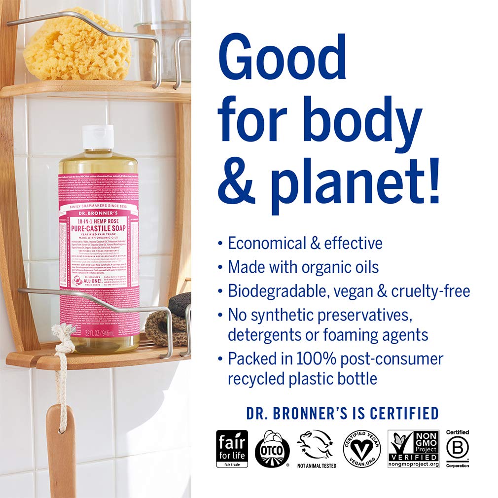 Dr. Bronner’s Pure-Castile Liquid Soap – Rose Bundle. 32 oz. Bottle and 2 oz. Travel Bottle