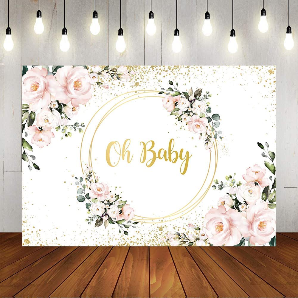 Avezano Blush Floral Baby Shower Backdrop Pink Flower Gold Dots Baby