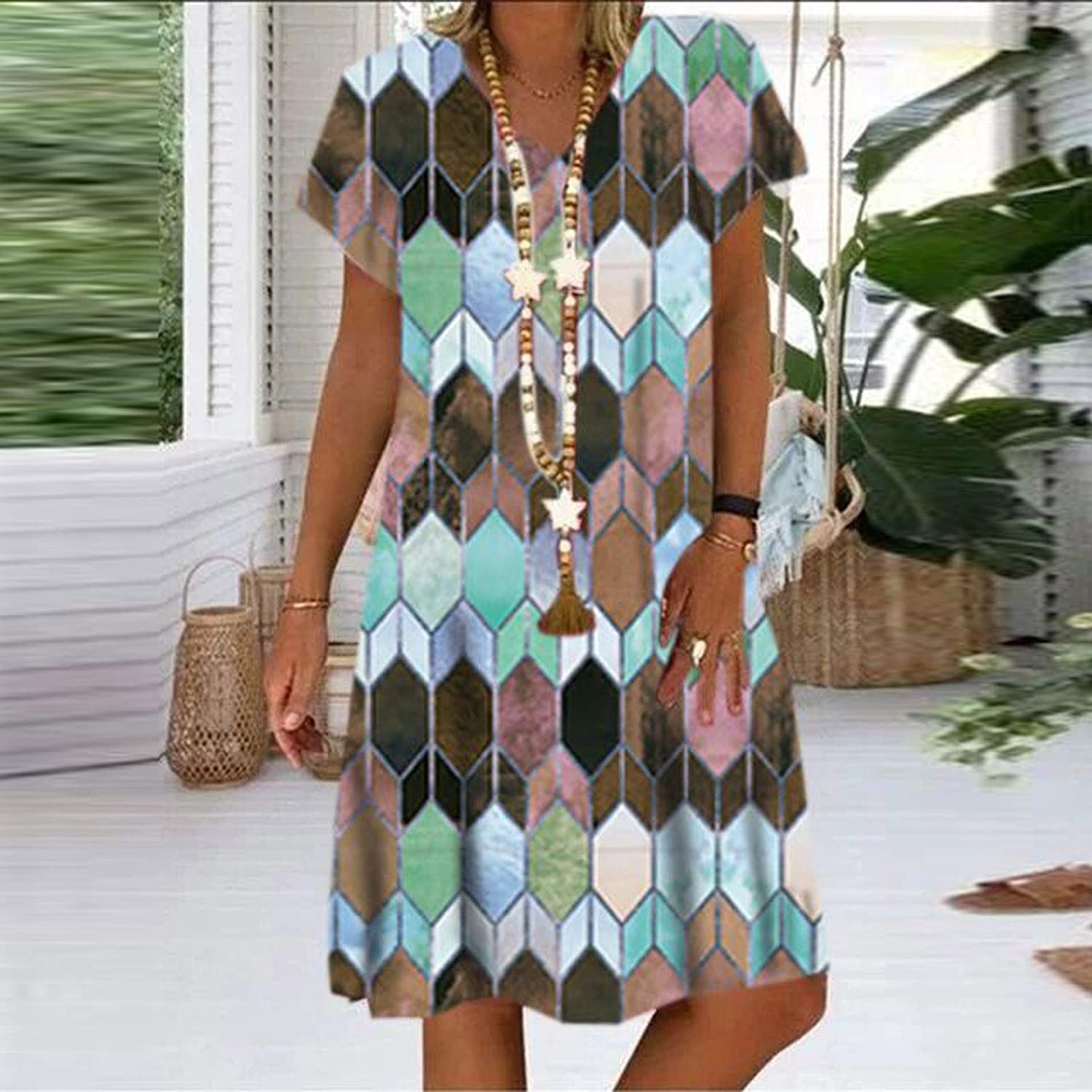 Womens Midi Dresses, Short Sleeve Casual V Neck Geometric Diamond Pattern Print Loose Pullover Ruffl