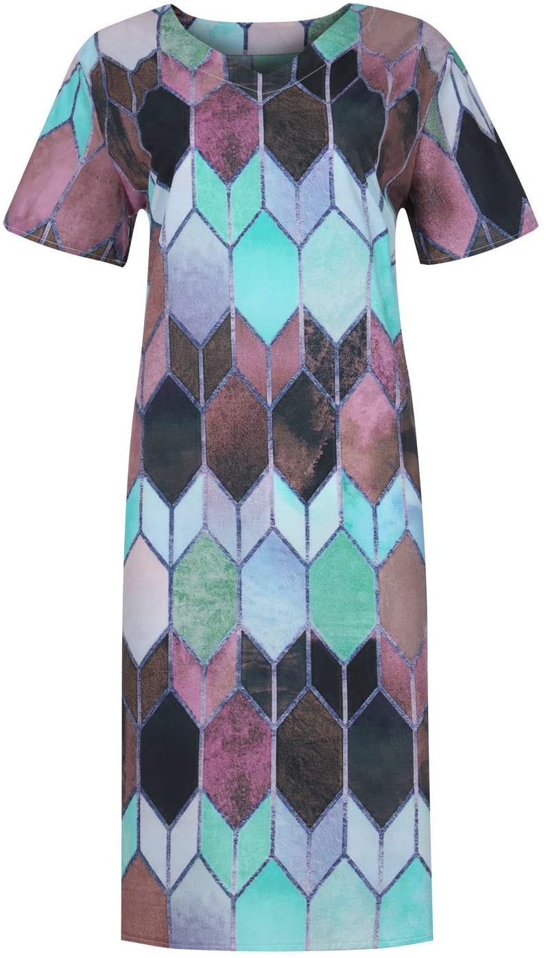 Womens Midi Dresses, Short Sleeve Casual V Neck Geometric Diamond Pattern Print Loose Pullover Ruffl