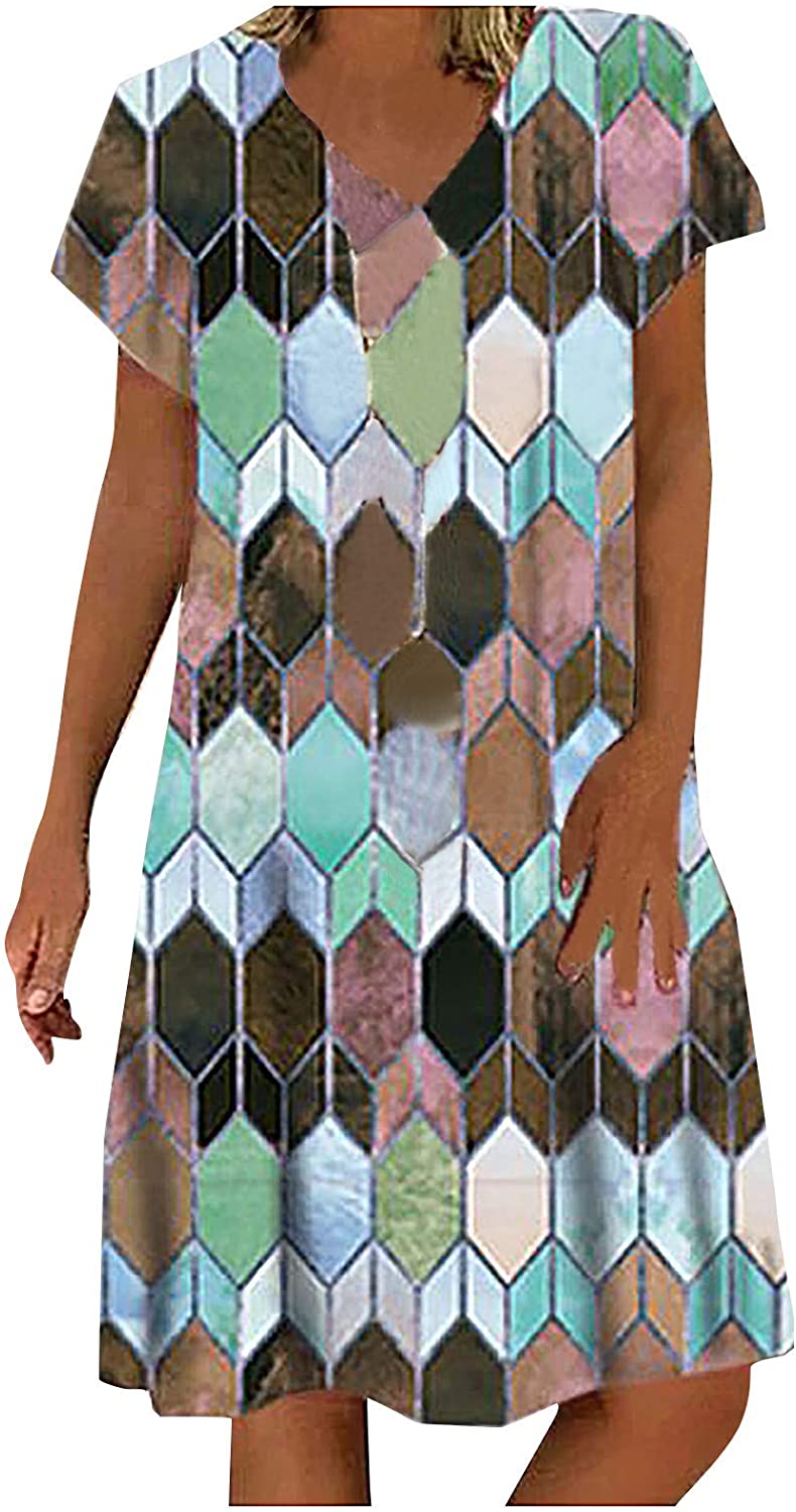 Womens Midi Dresses, Short Sleeve Casual V Neck Geometric Diamond Pattern Print Loose Pullover Ruffl