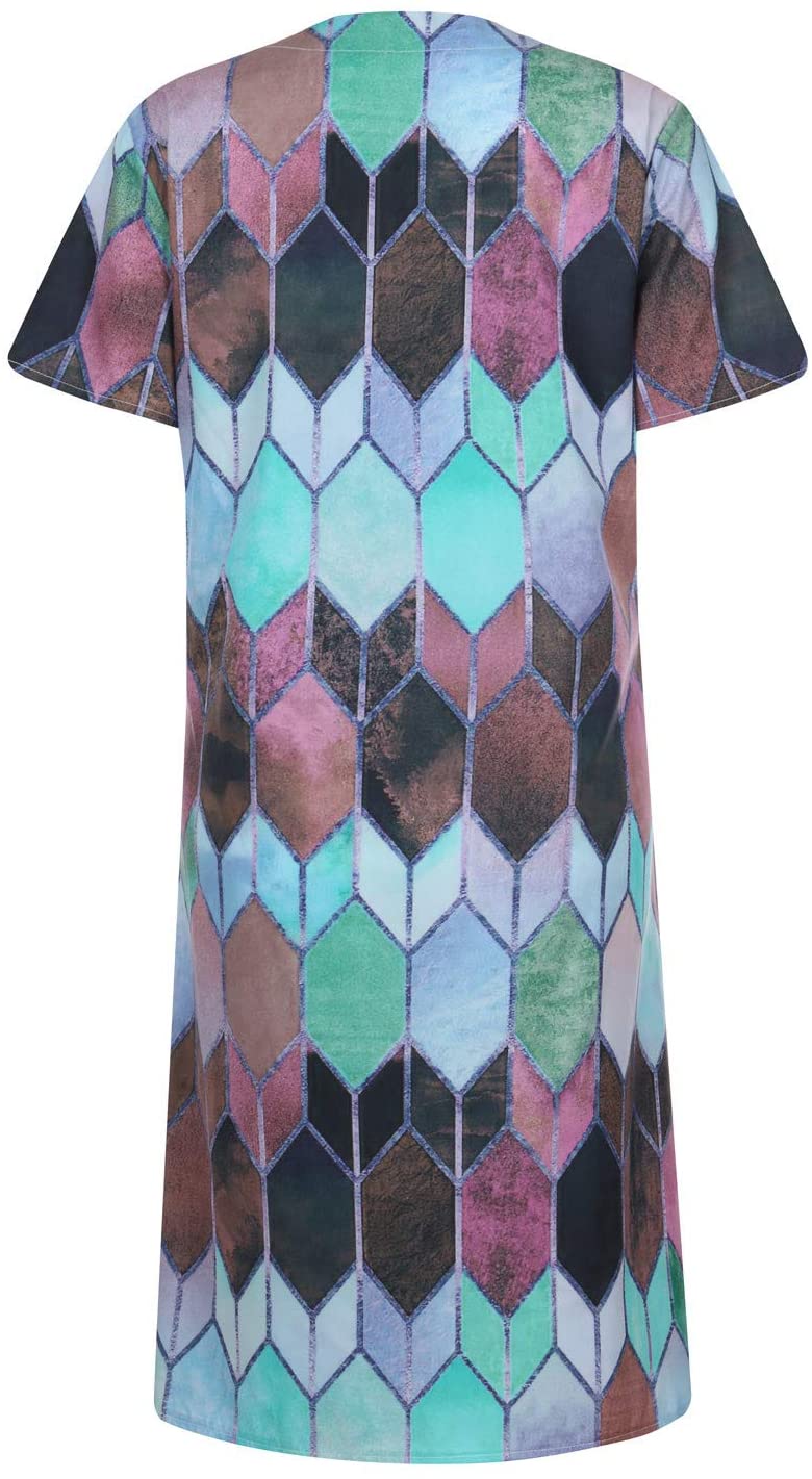 Womens Midi Dresses, Short Sleeve Casual V Neck Geometric Diamond Pattern Print Loose Pullover Ruffl