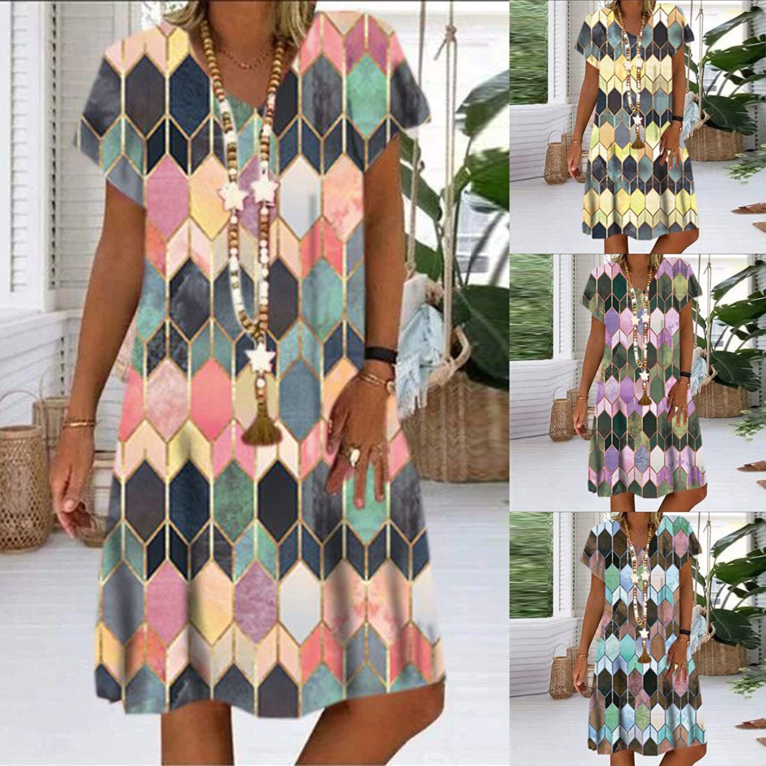 Womens Midi Dresses, Short Sleeve Casual V Neck Geometric Diamond Pattern Print Loose Pullover Ruffl