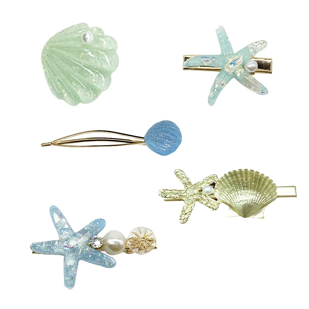 5 PCS Shell Pearl Starfish Hair Clips, Resin Alligator Hair Clips Shell Starfish Hair Barrette Hair
