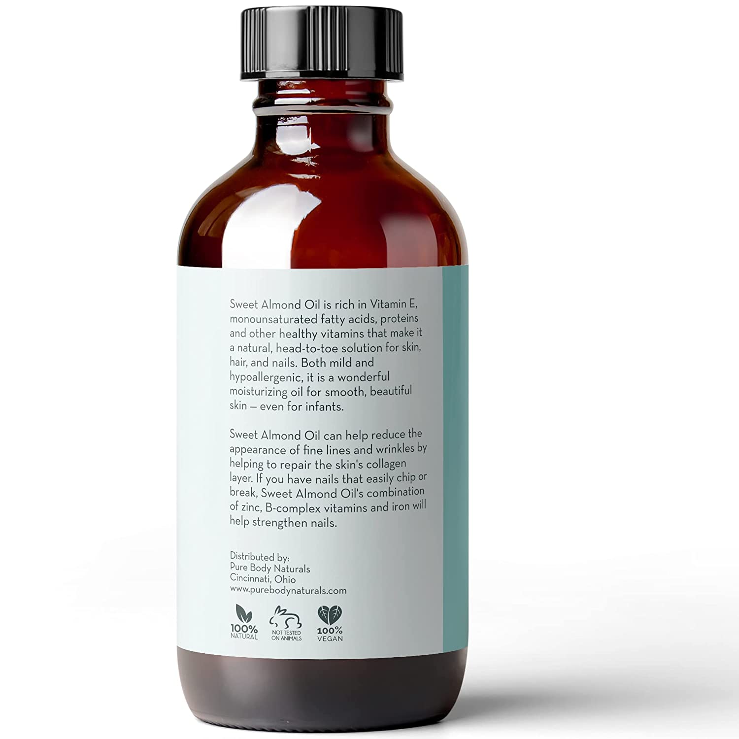 Sweet Almond Oil, 4 fl oz - Cold Pressed and 100% Pure - for Hair, Skin, Nails, Therapeutic Massage,