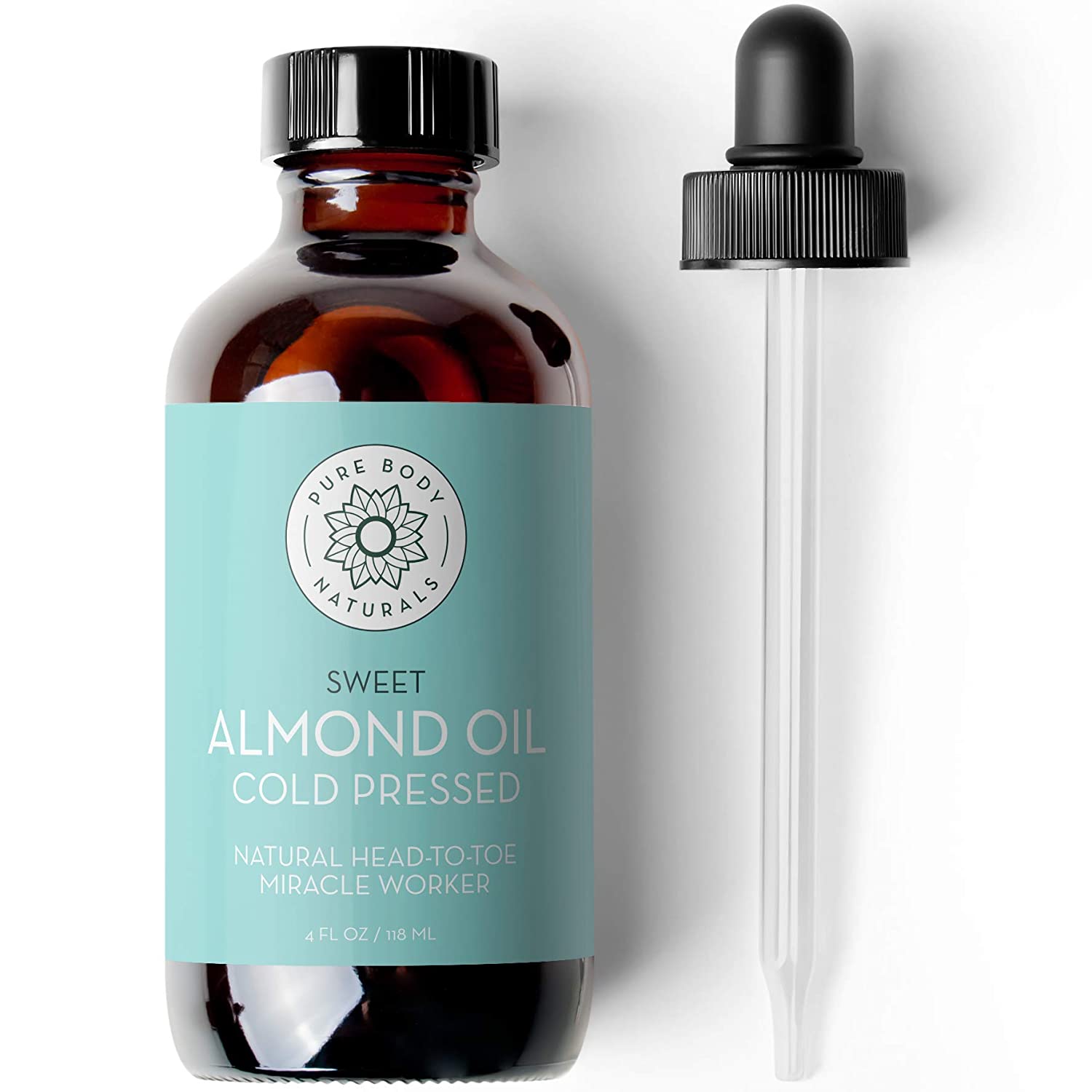 Sweet Almond Oil, 4 fl oz - Cold Pressed and 100% Pure - for Hair, Skin, Nails, Therapeutic Massage,
