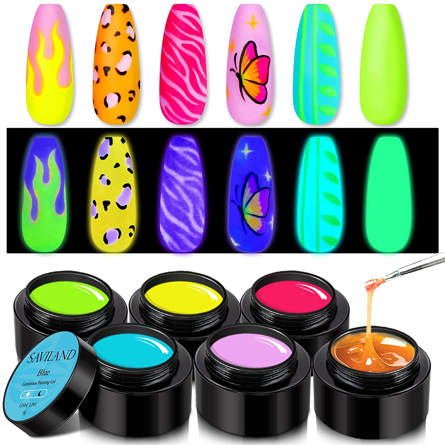 Saviland 2 in 1 Glow In The Dark Gel Paint Set - Luminous Gel Nail Polish Set, 6 Colors Neon Paintin
