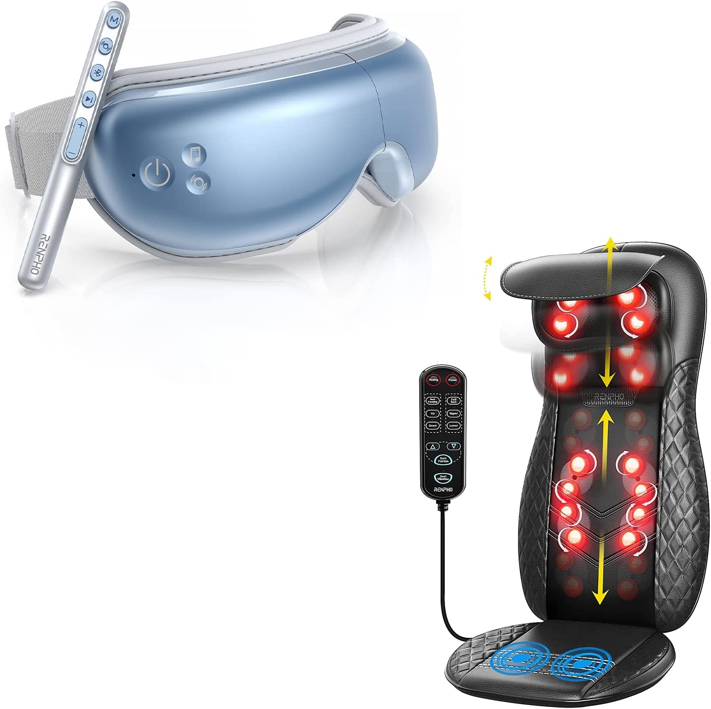 Eye Massager with Heat, Compression, Vibration Bluetooth Music and Remote Control & Back Massager