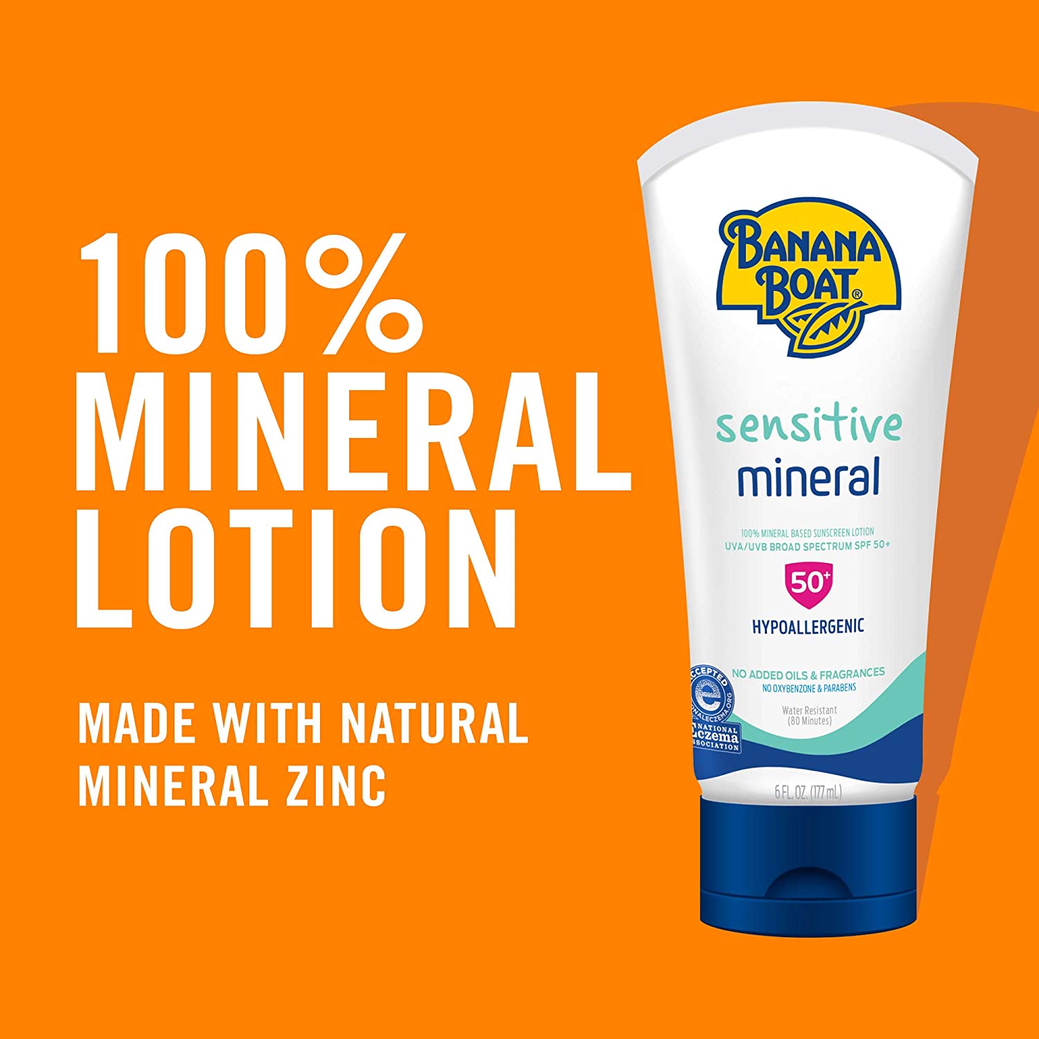 Banana Boat 100% Mineral, Reef Friendly, Broad Spectrum Sensitive Skin Sunscreen Lotion, SPF 50, 6oz