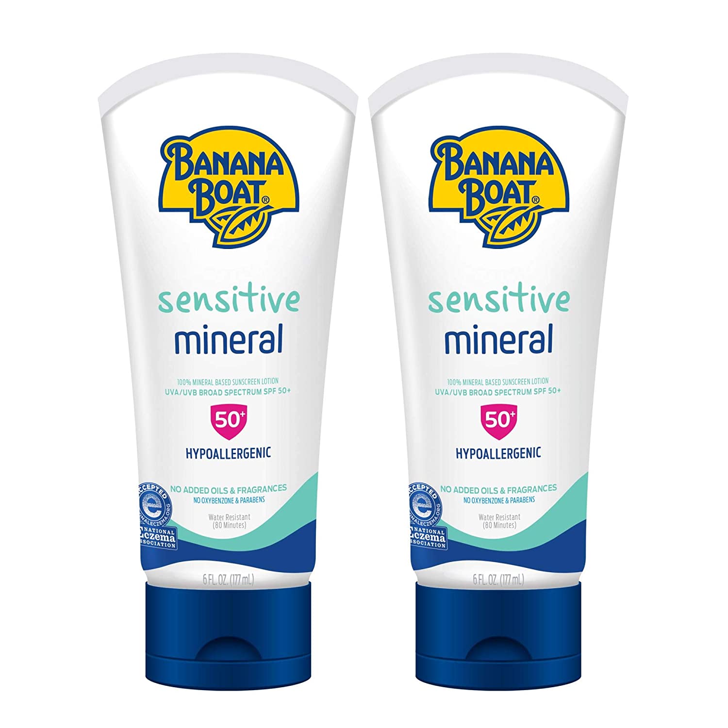 Banana Boat 100% Mineral, Reef Friendly, Broad Spectrum Sensitive Skin Sunscreen Lotion, SPF 50, 6oz
