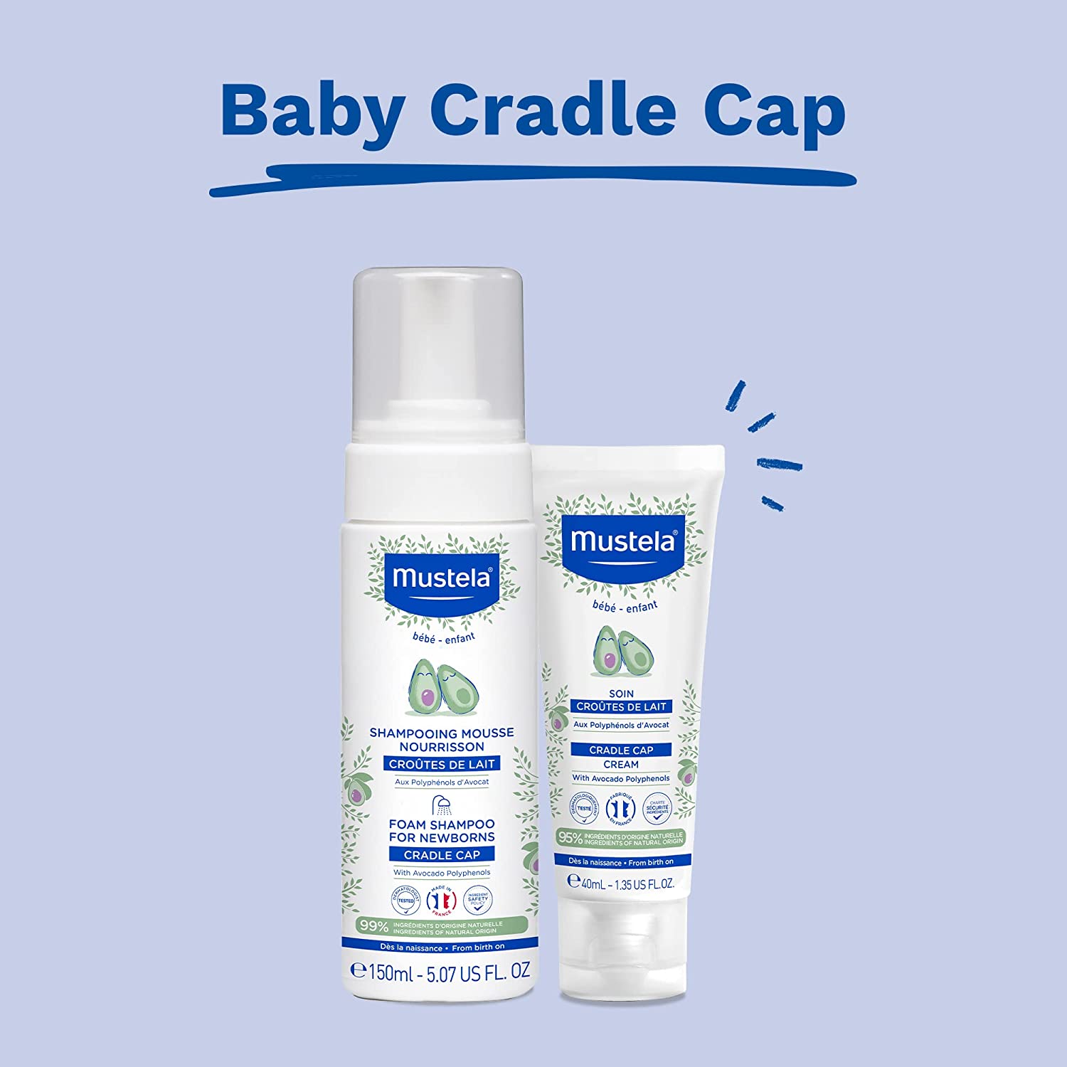 Mustela Cradle Cap Foam Shampoo for Newborn - Baby Shampoo with Natural Avocado - Tear-Free & Fragra