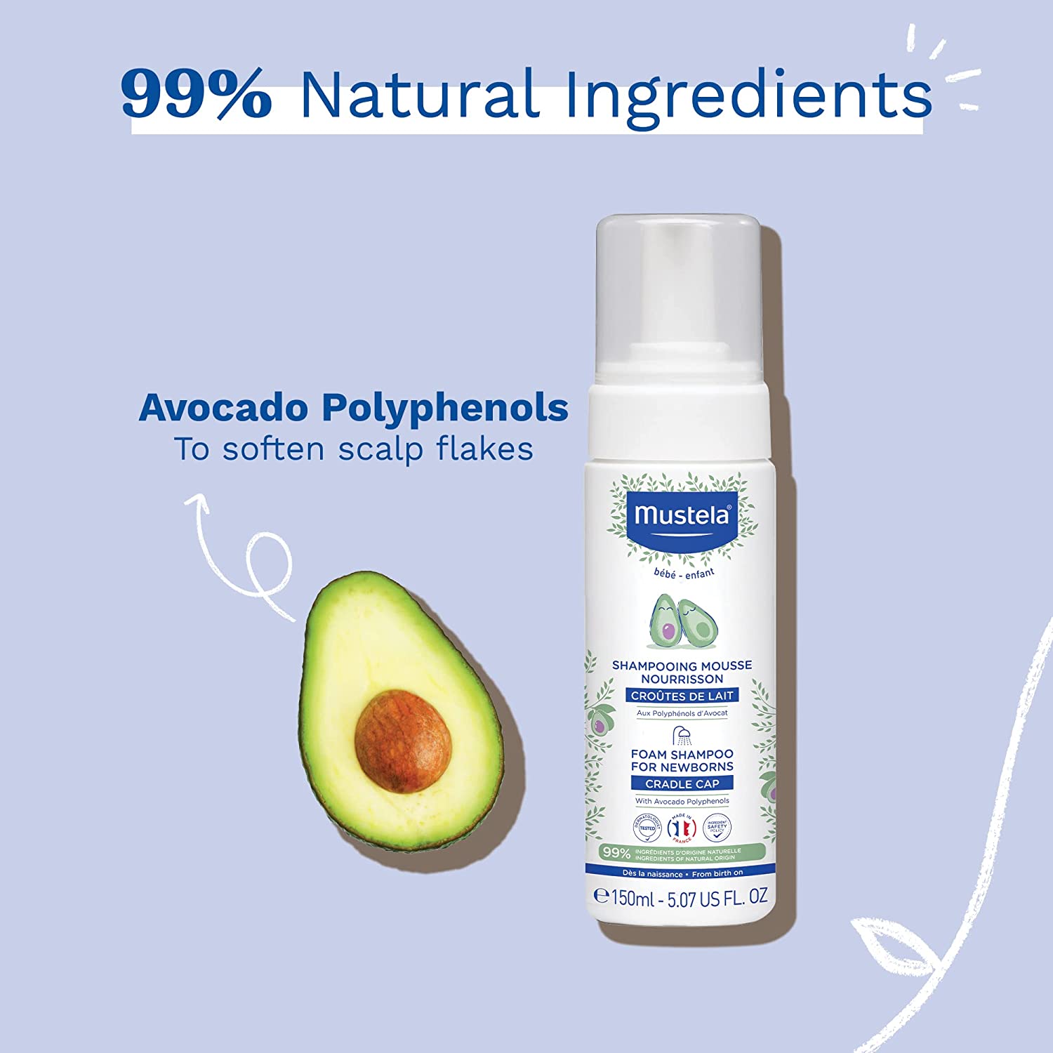 Mustela Cradle Cap Foam Shampoo for Newborn - Baby Shampoo with Natural Avocado - Tear-Free & Fragra