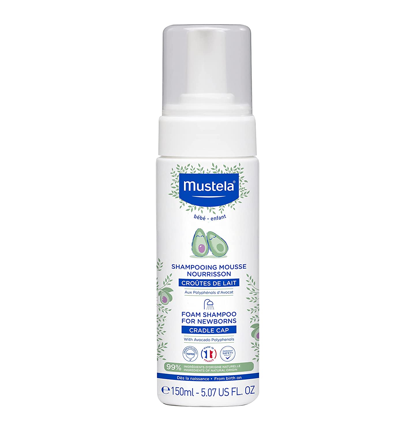 Mustela Cradle Cap Foam Shampoo for Newborn - Baby Shampoo with Natural Avocado - Tear-Free & Fragra