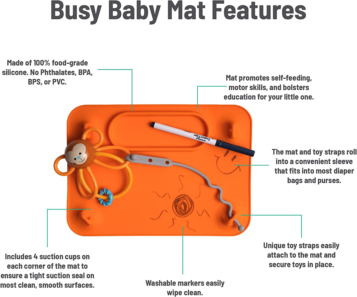 Busy Baby Silicone Placemat As Seen on Shark Tank with Suction Cups and Toy Tethers for Babies Toddl