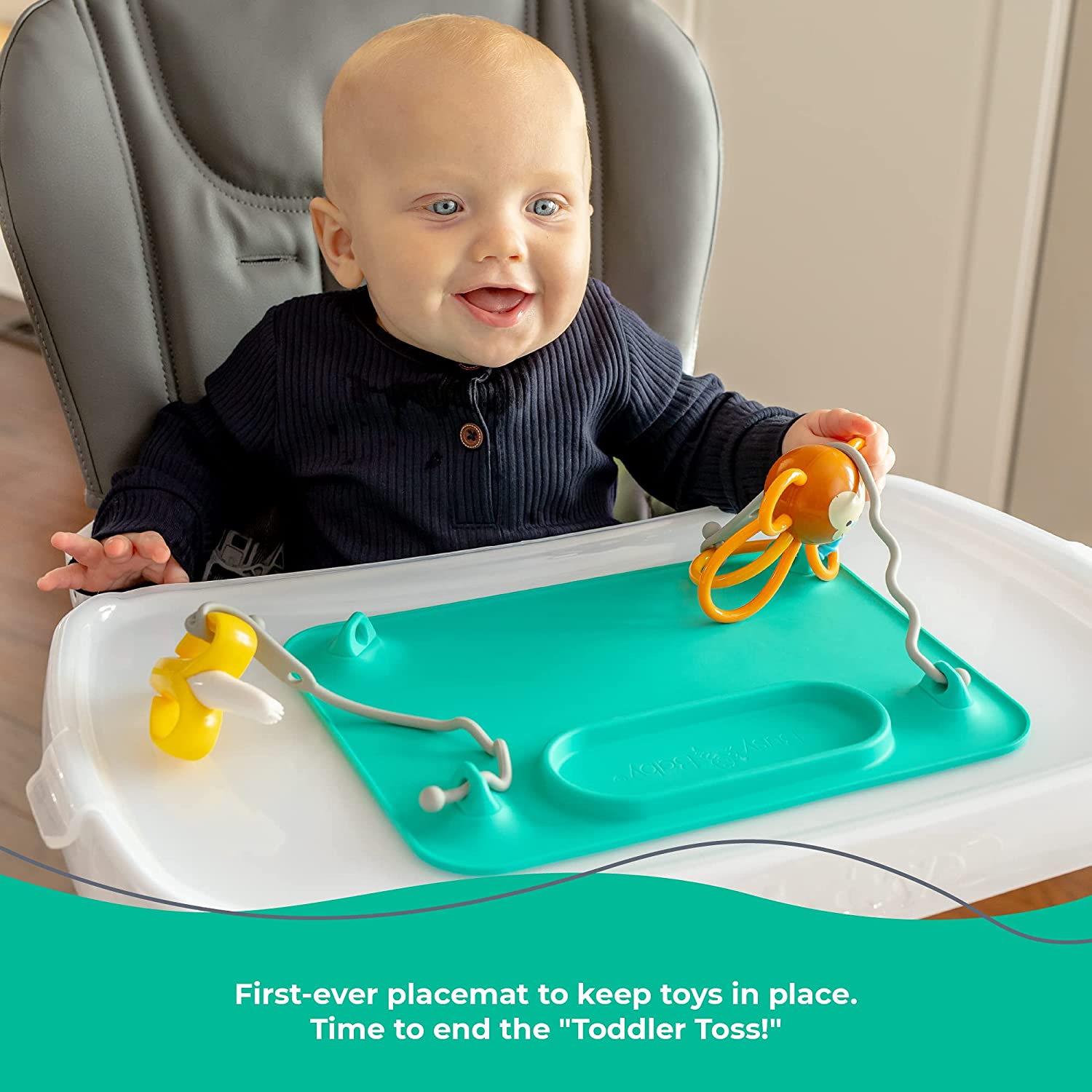 Busy Baby Silicone Placemat As Seen on Shark Tank with Suction Cups and Toy Tethers for Babies Toddl