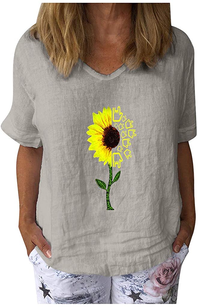 Dosoop Sunflower Print Linen Shirts Women Summer Short Sleeve Basic V Neck Loose Casual Tops T-Shirt