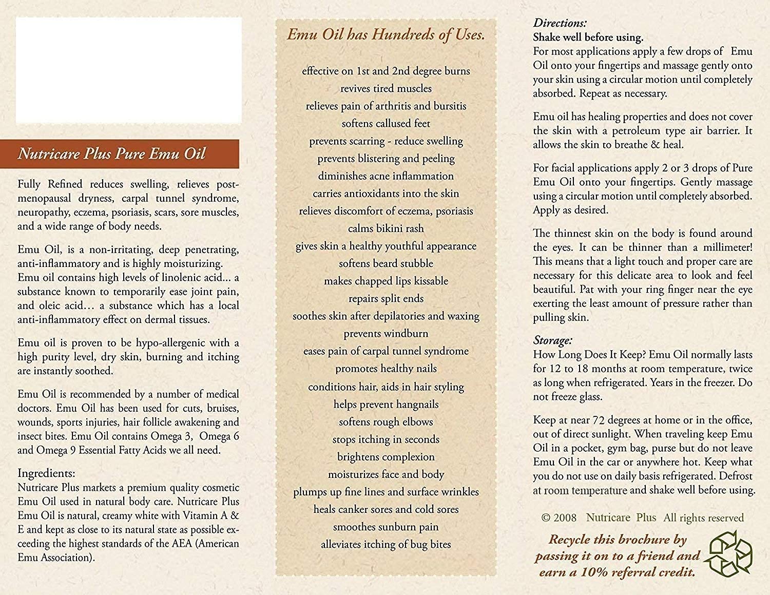 Nutricare Plus Pure Emu Oil, AEA Certified, Piercing Care, Piercing Solution, Fights Infection, Stre