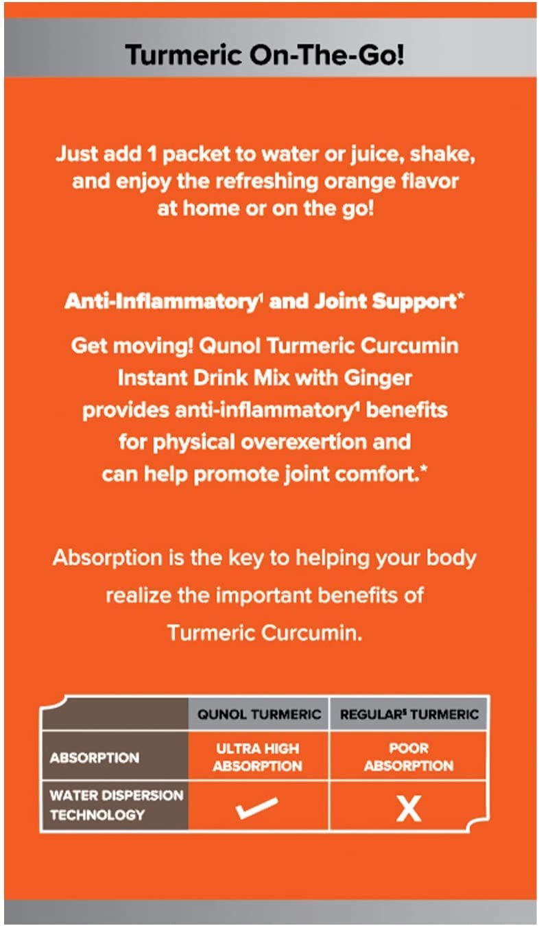 Qunol Turmeric Curcumin, Turmeric Powder, Instant Drink Mix Packets, Orange, Ultra Absorption, 500mg