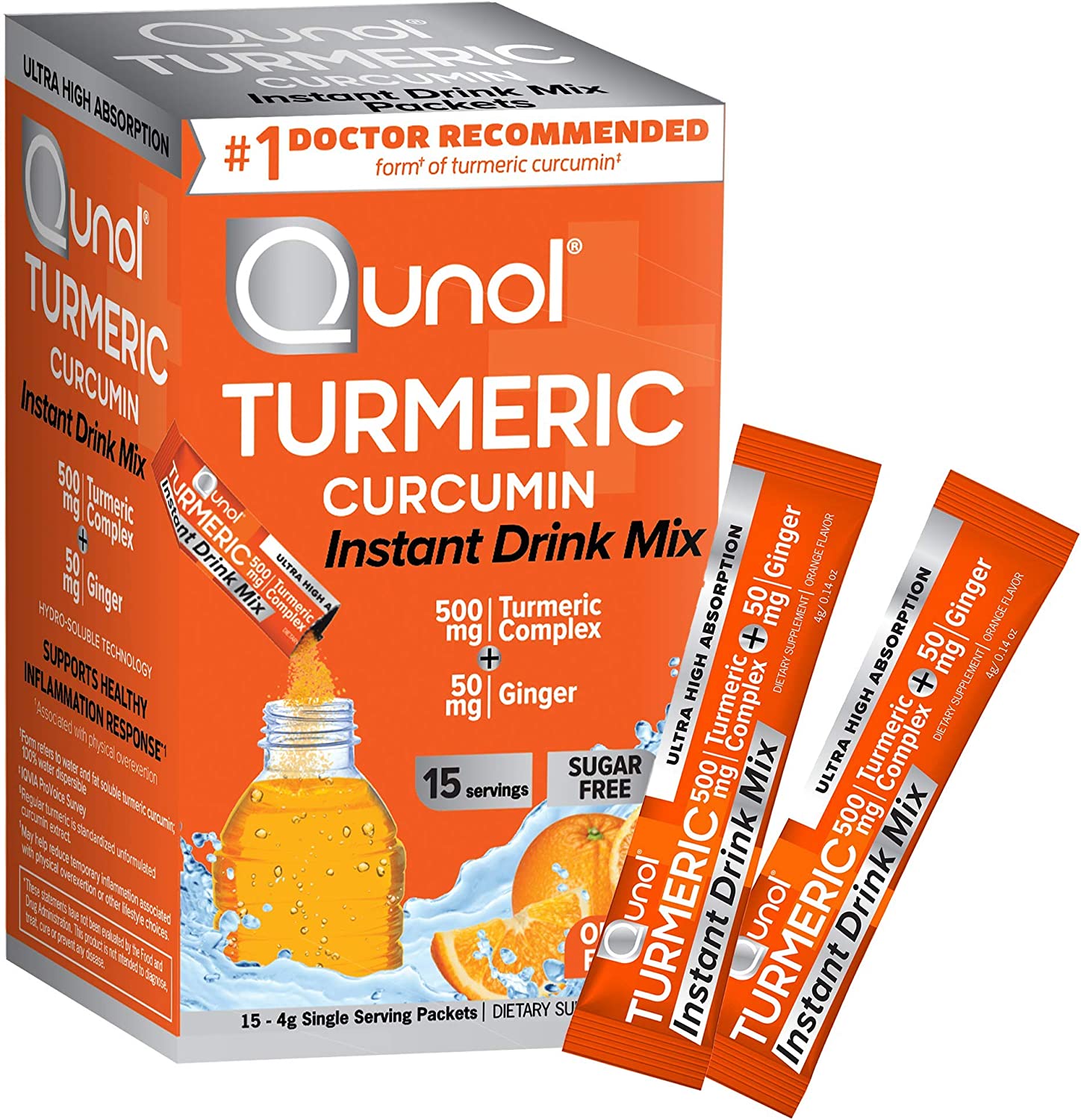 Qunol Turmeric Curcumin, Turmeric Powder, Instant Drink Mix Packets, Orange, Ultra Absorption, 500mg