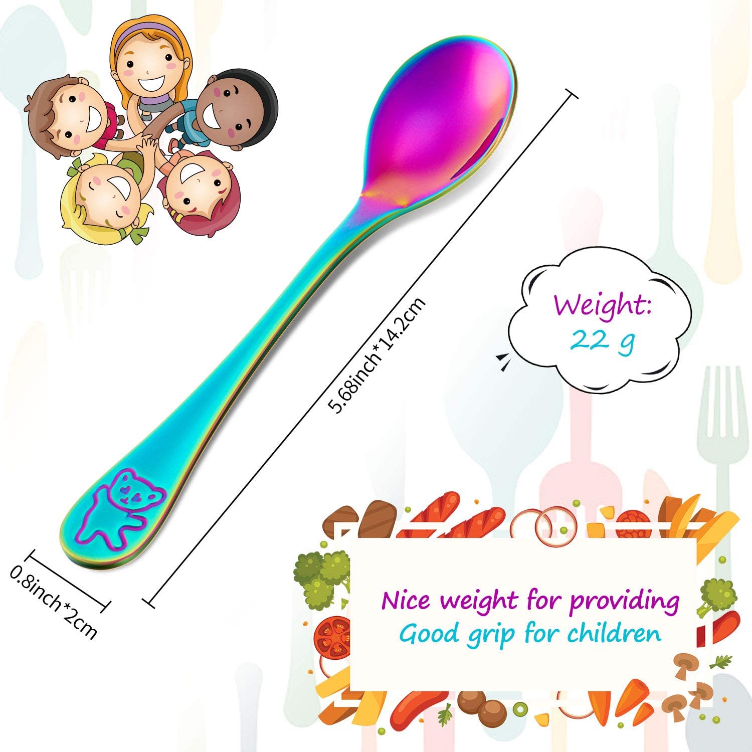 Boao 6 Pieces Rainbow Kids Spoons Stainless Steel Rainbow Kids Cutlery Kids Silverware Kids Utensil