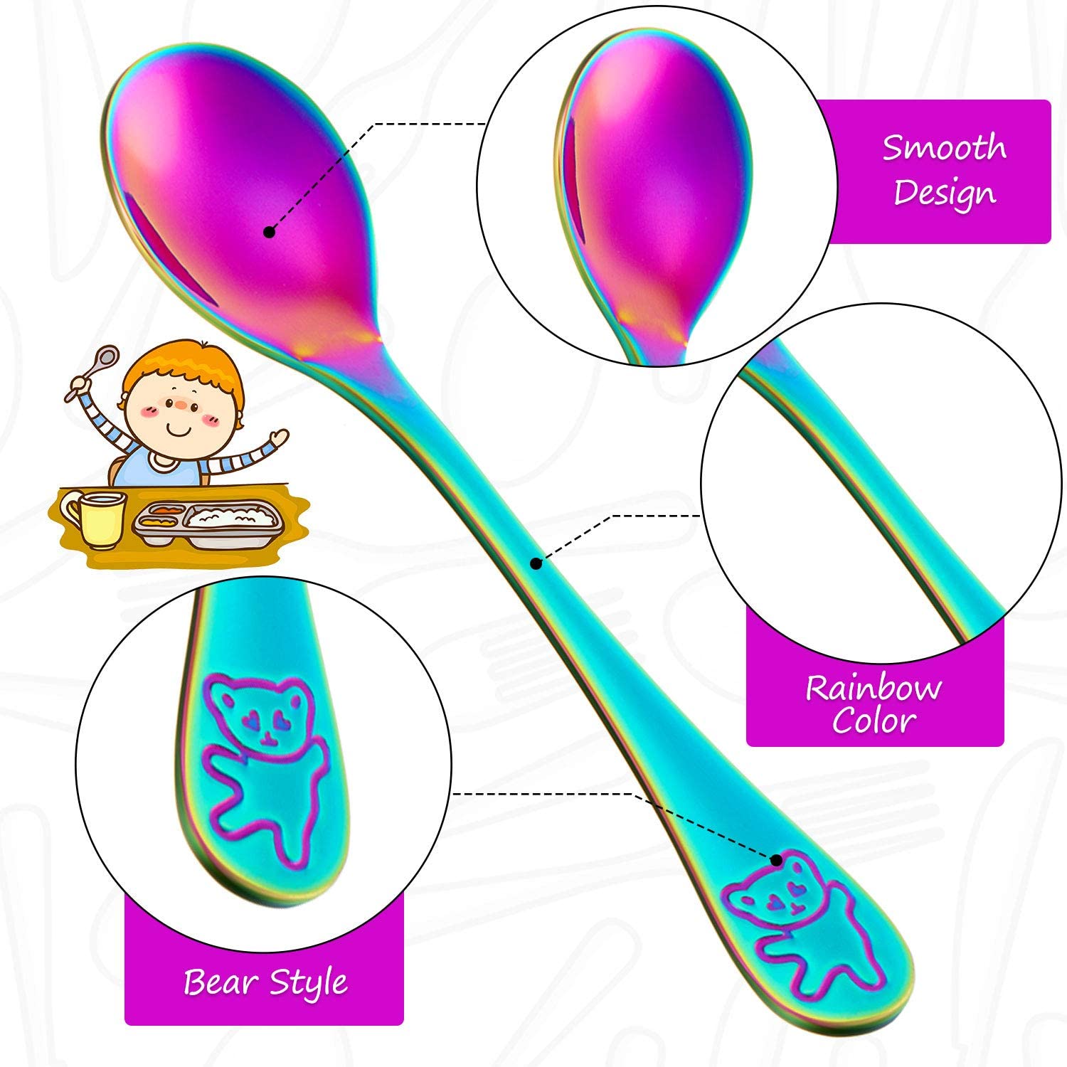 Boao 6 Pieces Rainbow Kids Spoons Stainless Steel Rainbow Kids Cutlery Kids Silverware Kids Utensil