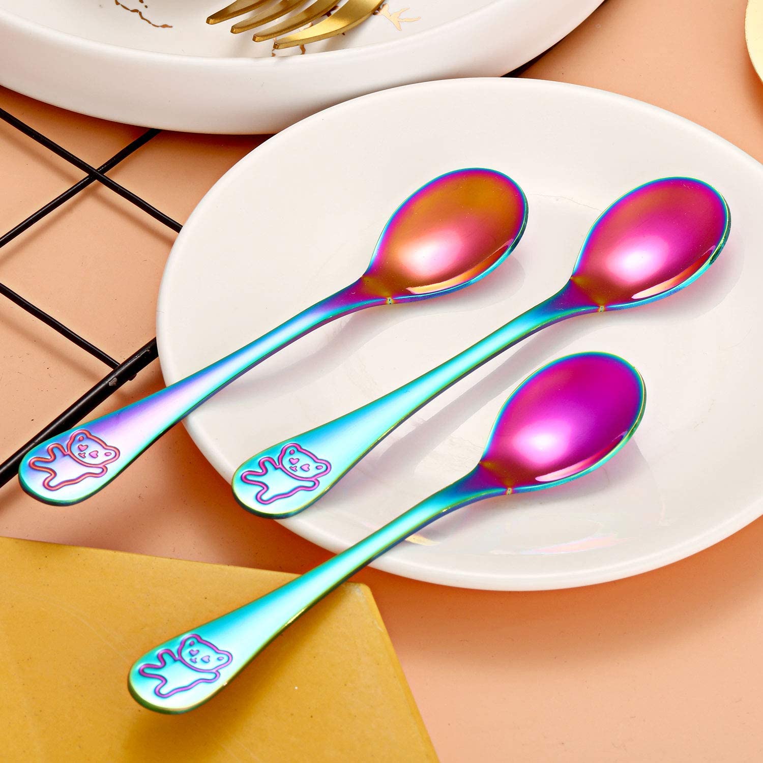 Boao 6 Pieces Rainbow Kids Spoons Stainless Steel Rainbow Kids Cutlery Kids Silverware Kids Utensil