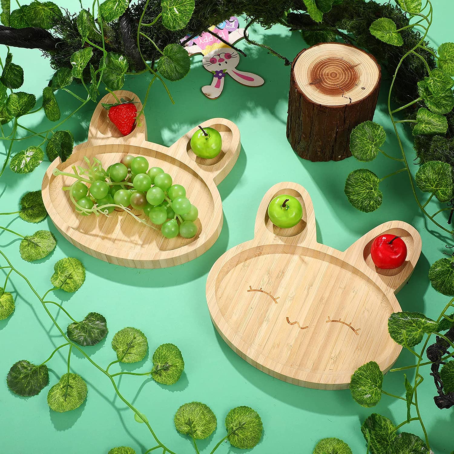 2 Pieces. Bamboo Baby Plates Bunny Suction Plate Stay Put Feeding Plate Wooden Food Plate Bamboo Tod
