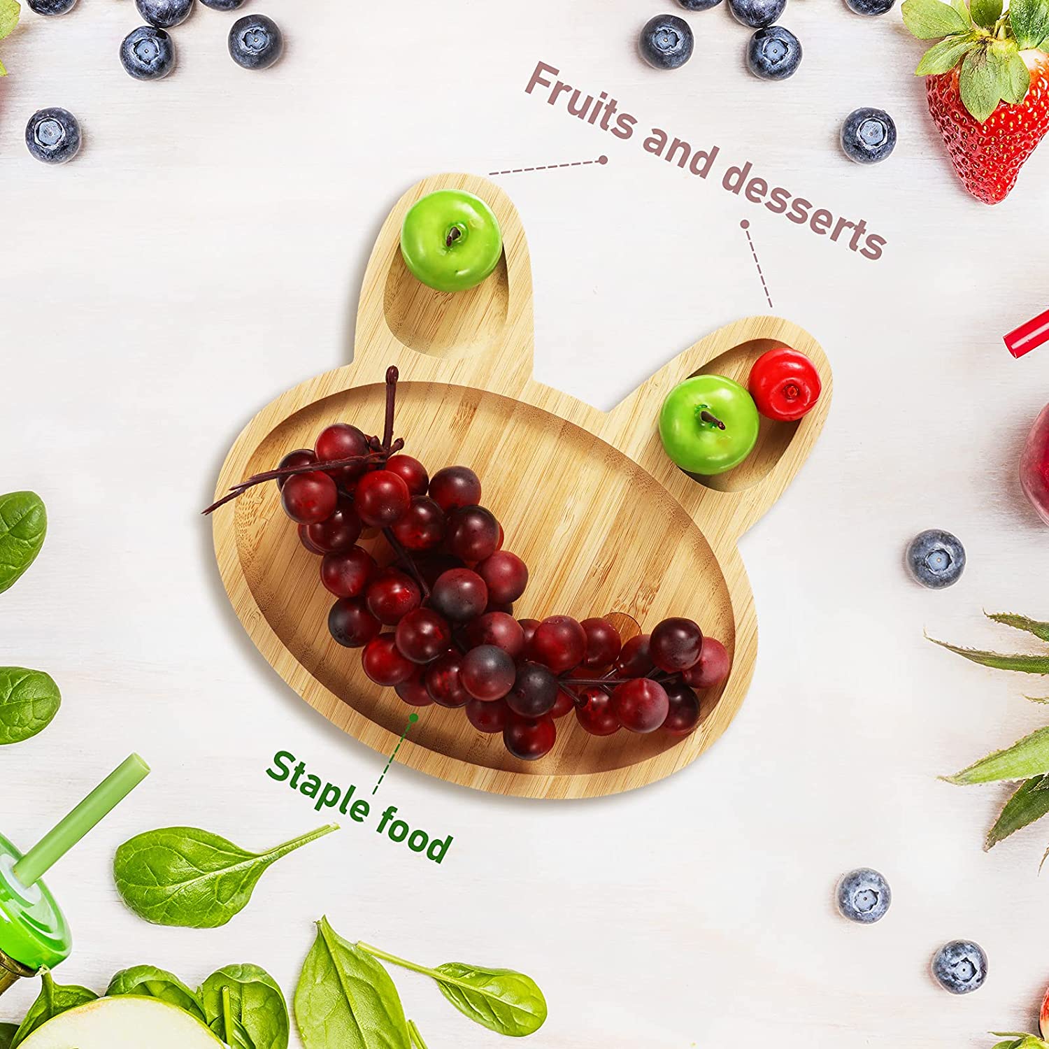 2 Pieces. Bamboo Baby Plates Bunny Suction Plate Stay Put Feeding Plate Wooden Food Plate Bamboo Tod