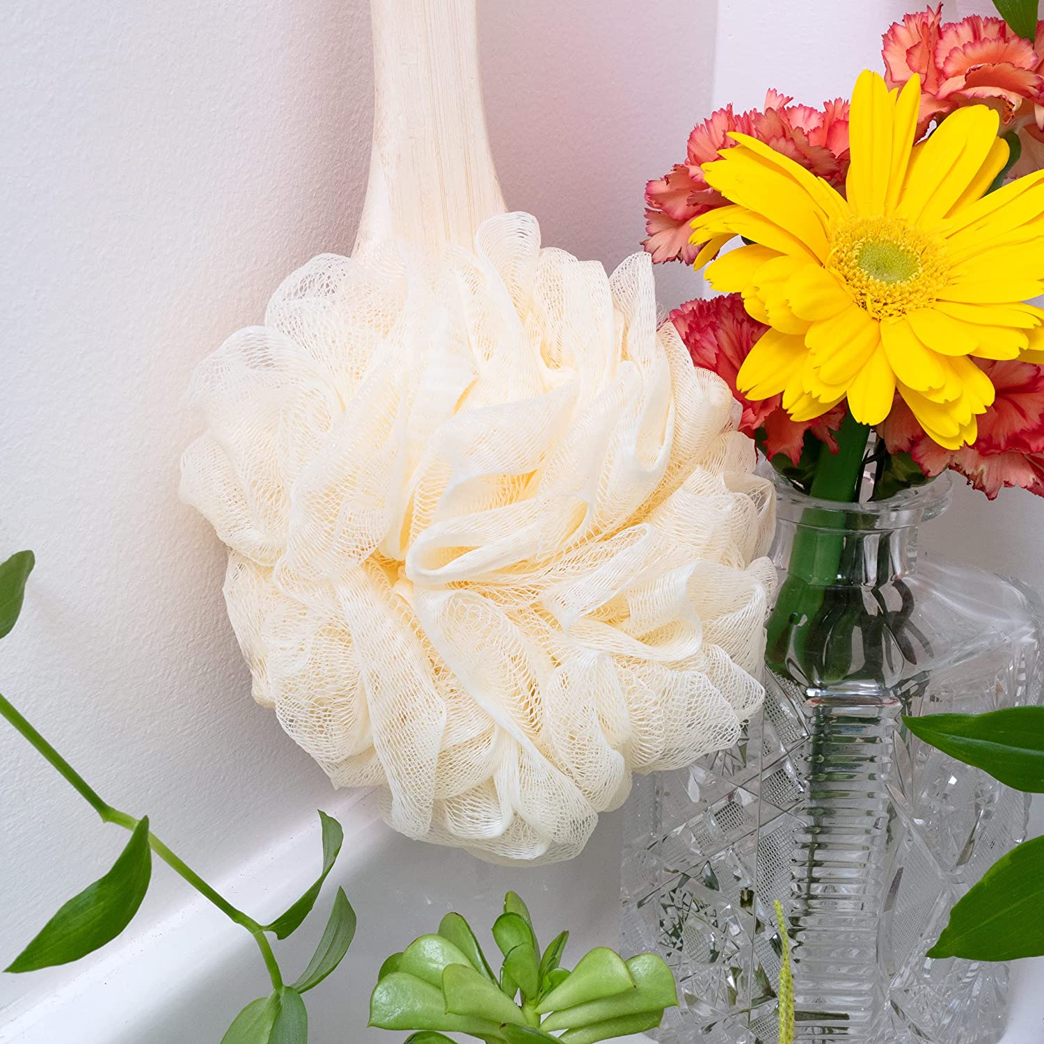 EcoTools EcoPouf Bath Brush, Shower Loofah with Ergonomic Handle, Cleans Hard to Reach Areas, Deep C